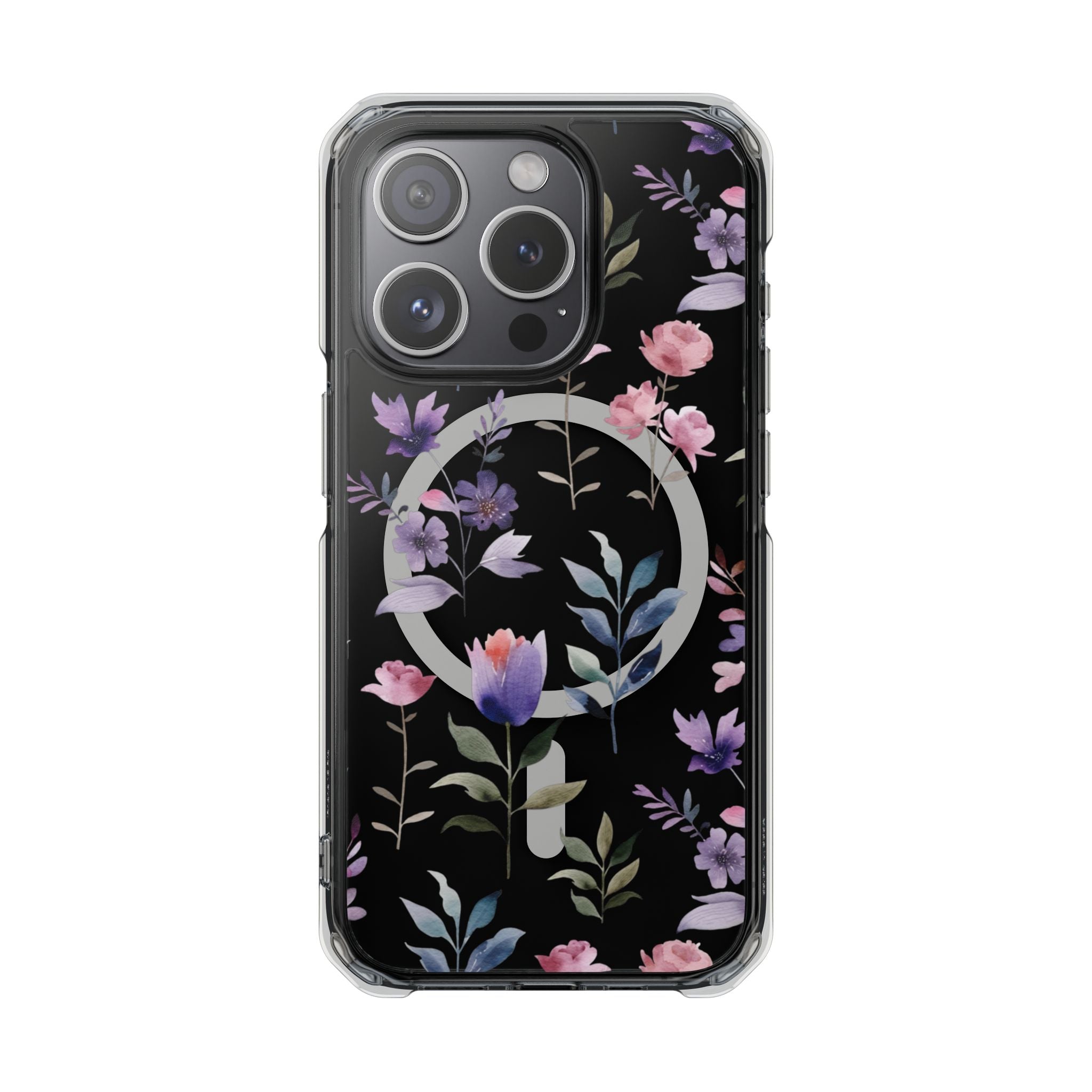 Clear Magnetic Phone Case – Floral Black MagSafe-Compatible Protective Cover