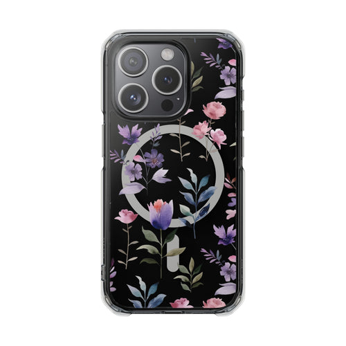 Clear Magnetic Phone Case – Floral Black MagSafe-Compatible Protective Cover