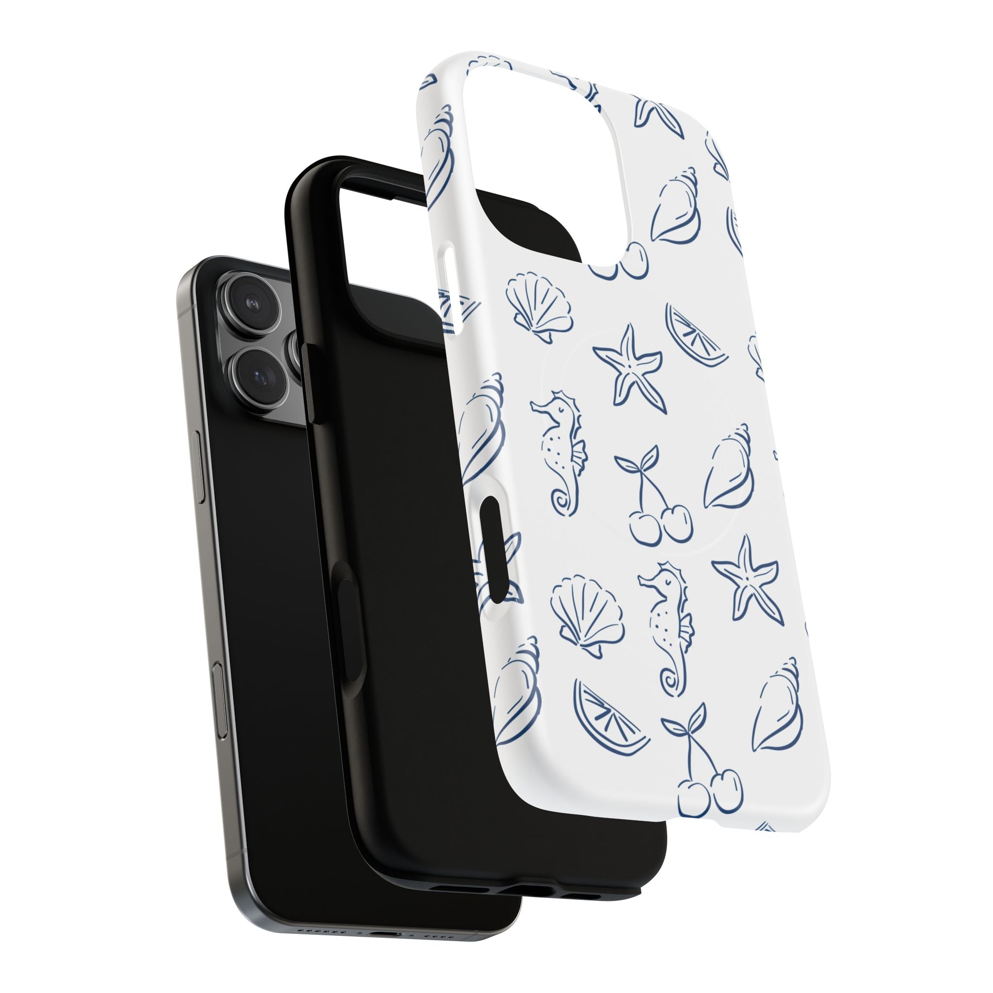 Nautical Sketch Magnetic Phone Case — Seahorse & Seashell Pattern