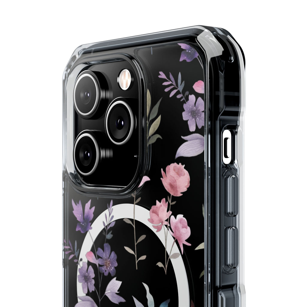Clear Magnetic Phone Case – Floral Black MagSafe-Compatible Protective Cover