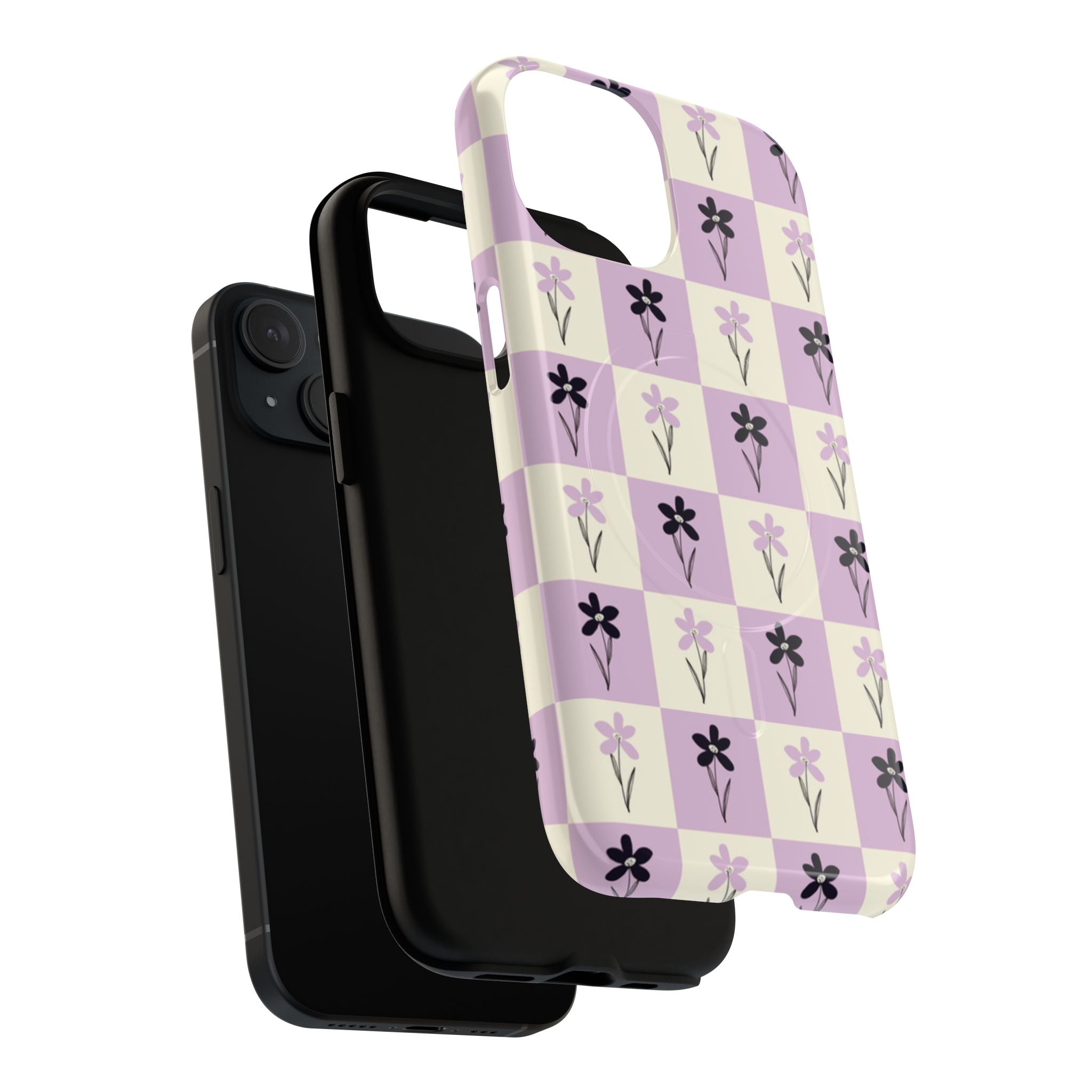 Floral Check Pattern Tough Magnetic Phone Case — Lavender Retro Grid