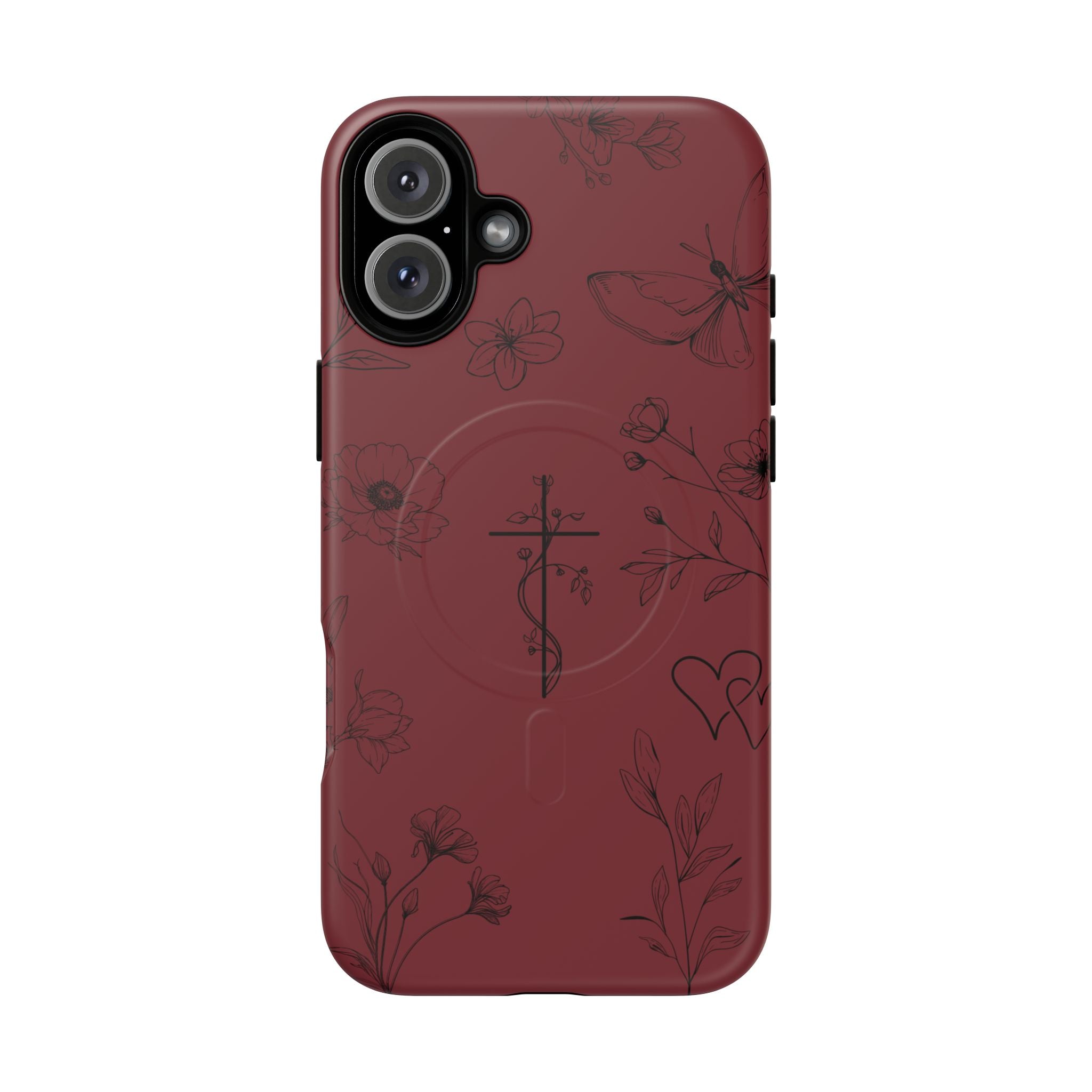 Floral Cross Tough Magnetic Phone Case — Burgundy Protective Cover