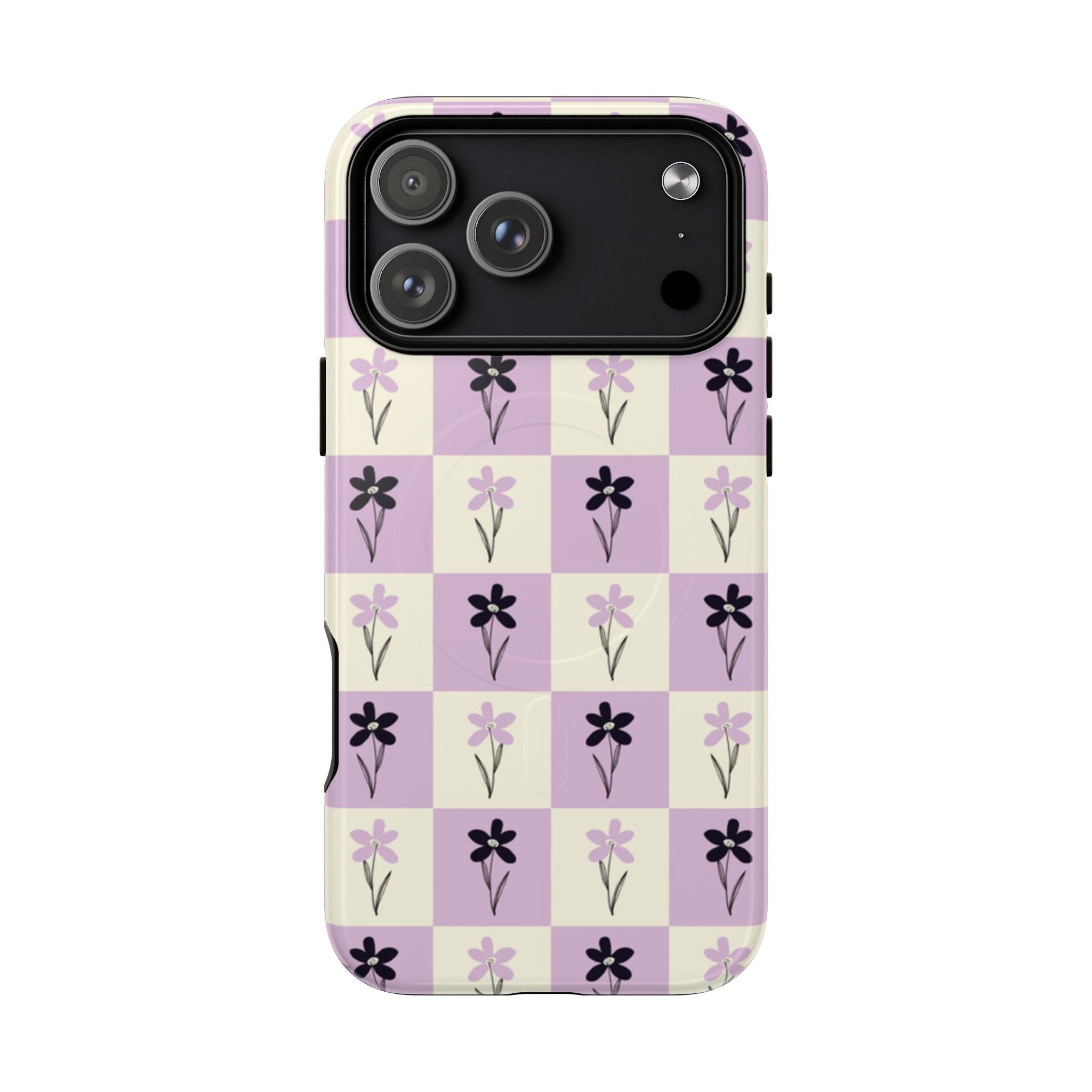 Floral Check Pattern Tough Magnetic Phone Case — Lavender Retro Grid