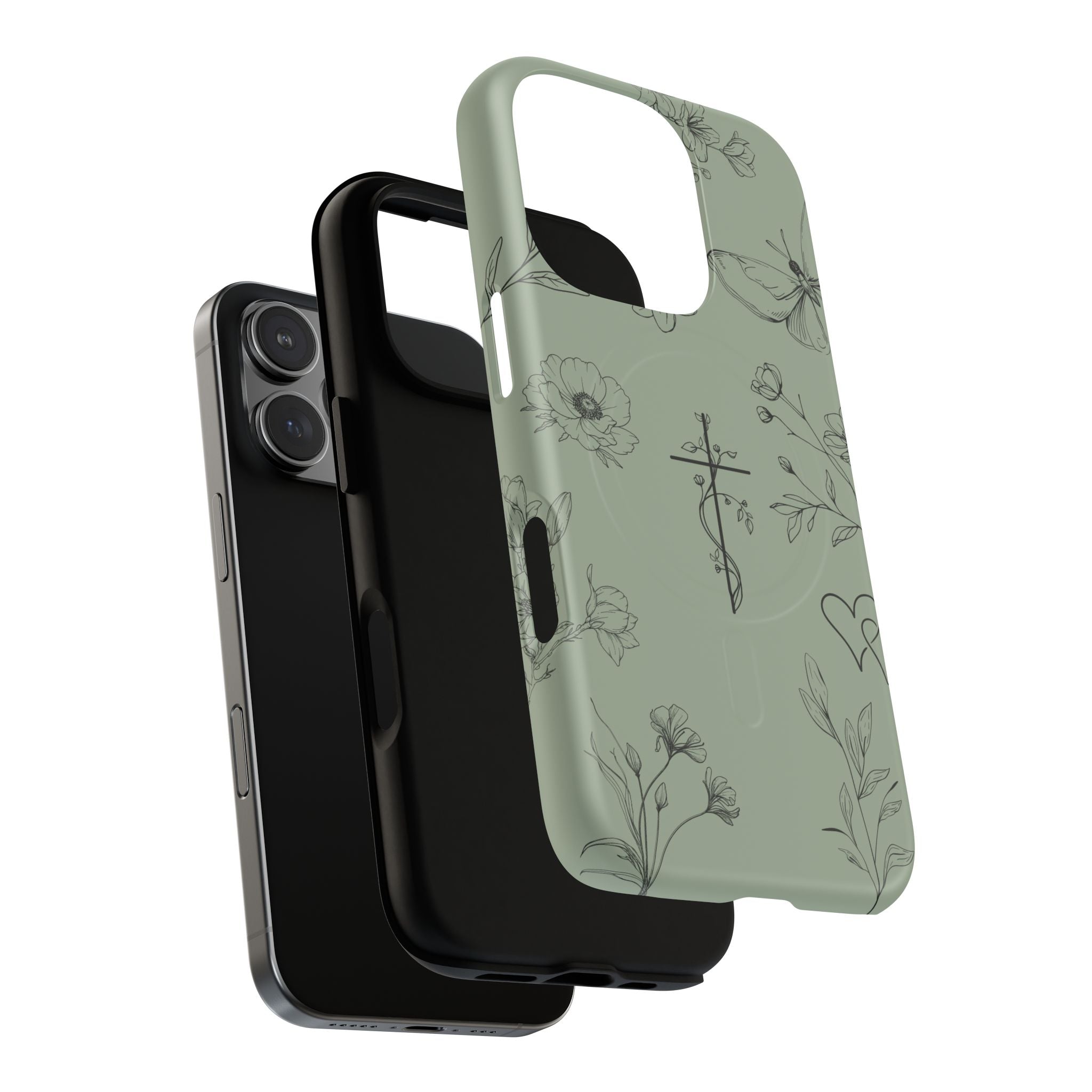 MagSafe phone case - sage green floral cross design