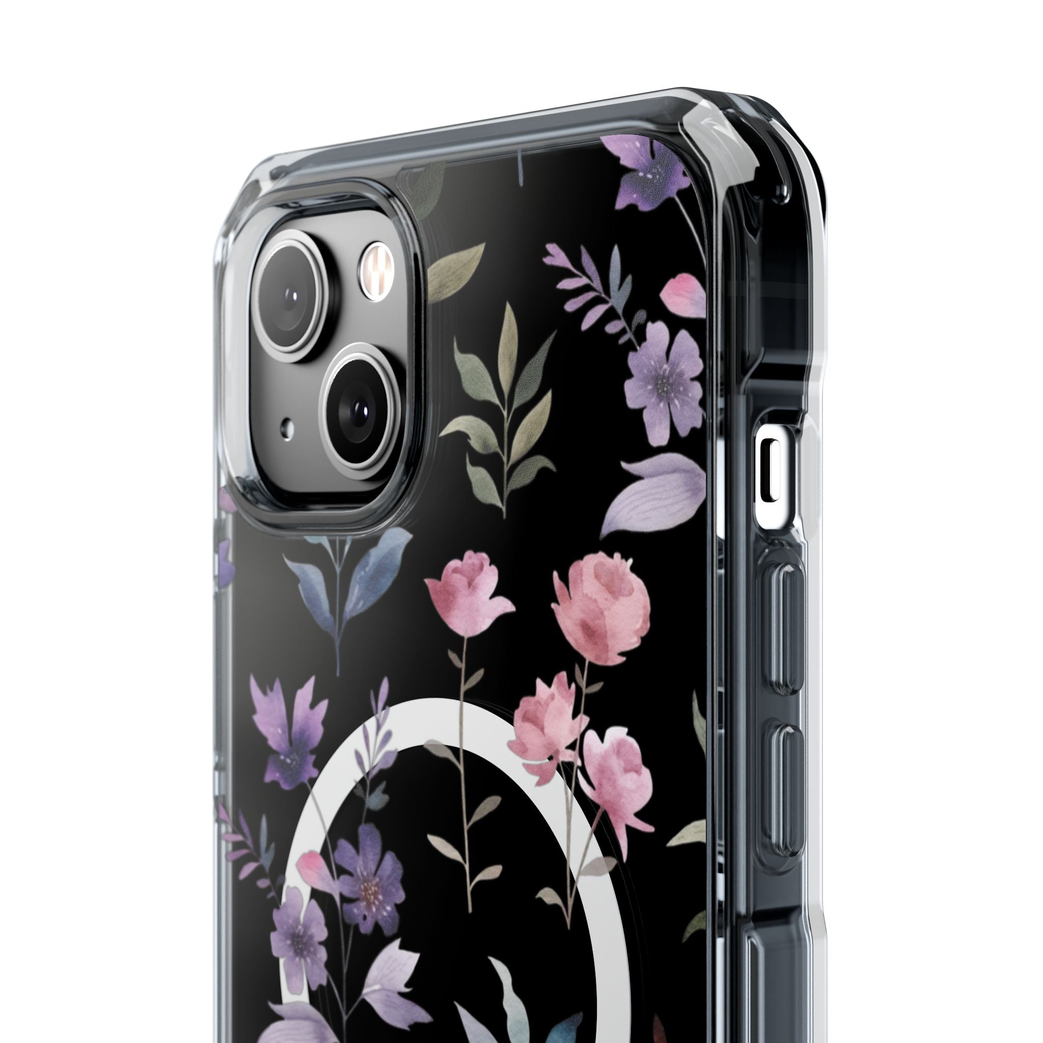 Clear Magnetic Phone Case – Floral Black MagSafe-Compatible Protective Cover