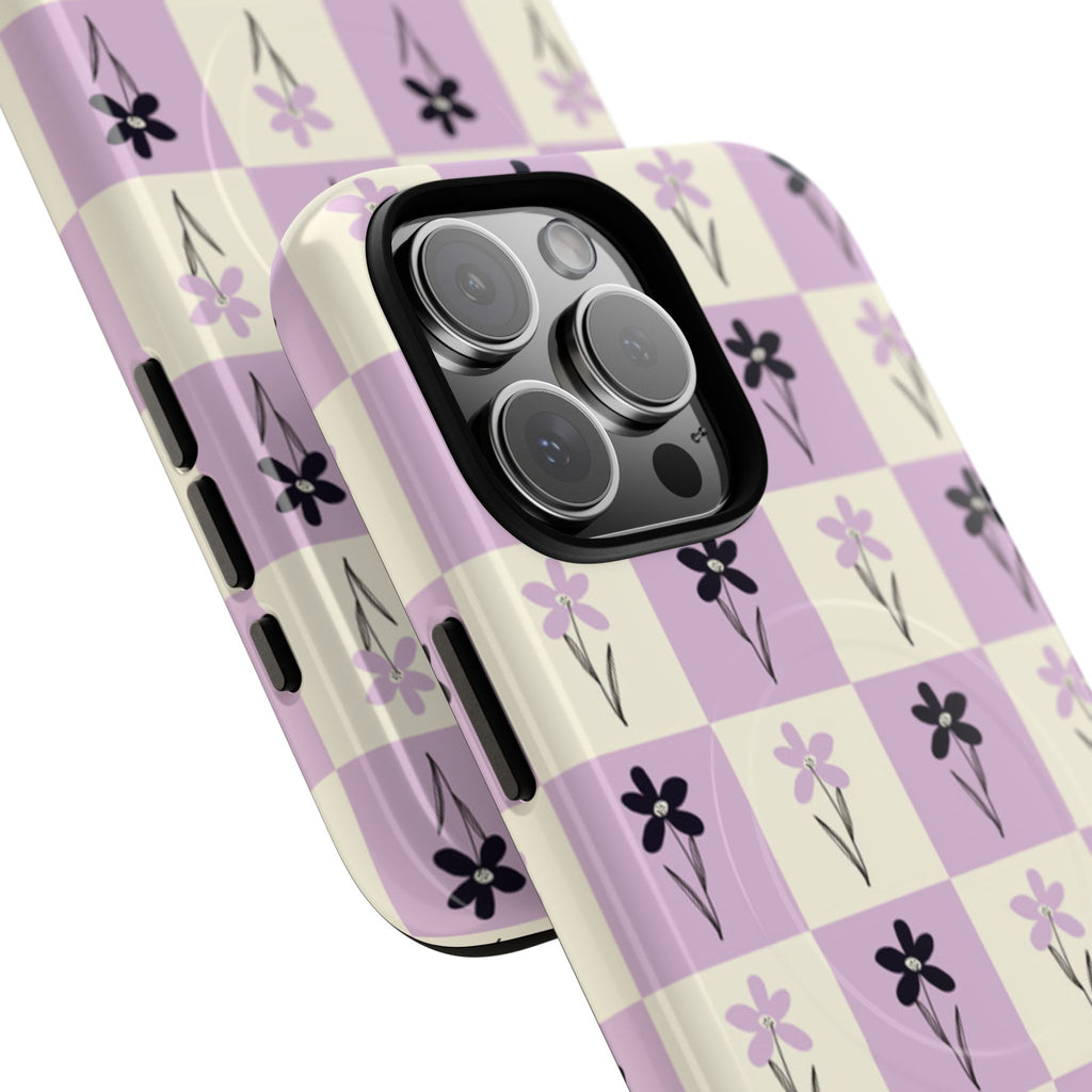 Floral Check Pattern Tough Magnetic Phone Case — Lavender Retro Grid