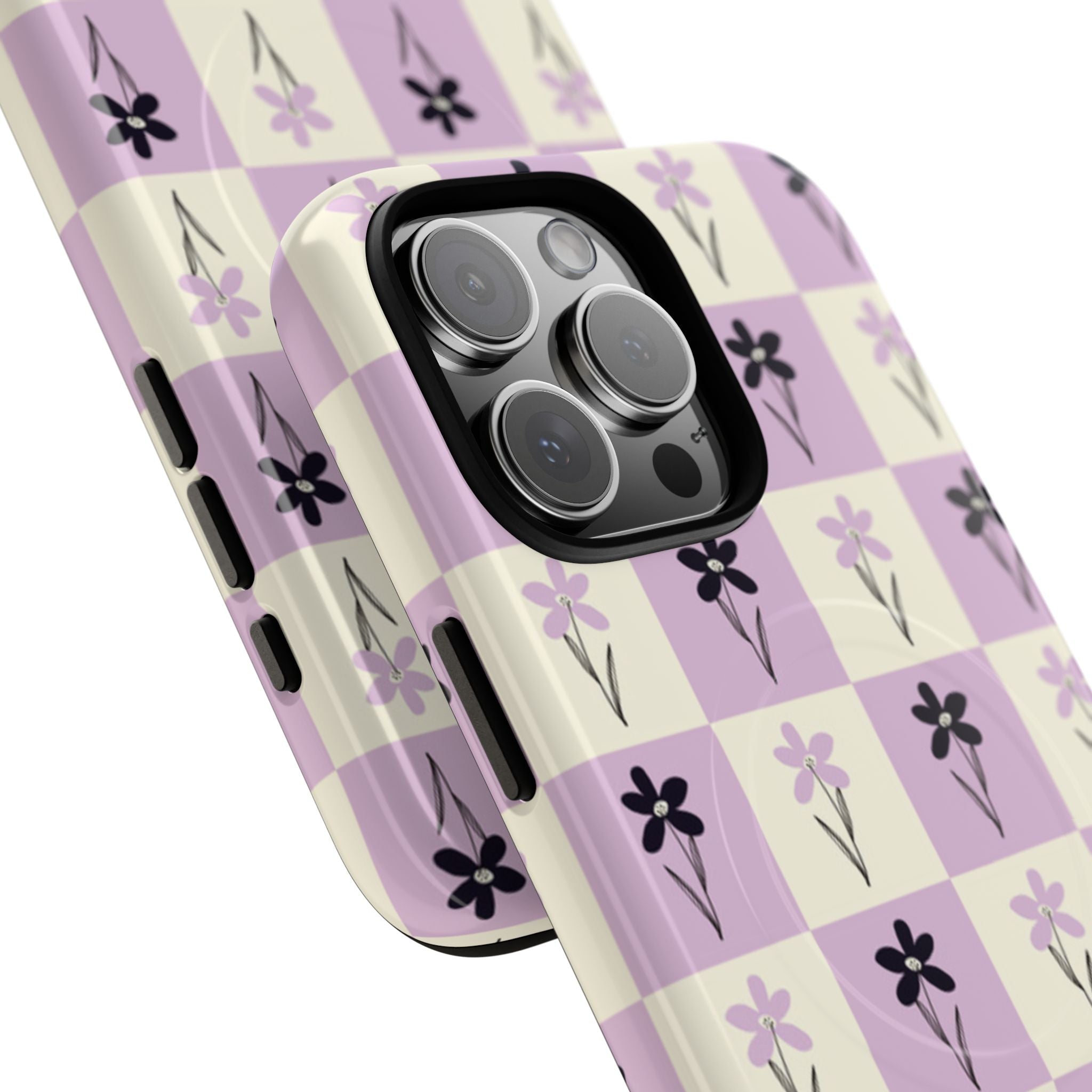 Floral Check Pattern Tough Magnetic Phone Case — Lavender Retro Grid
