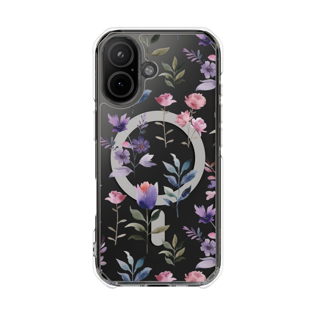 Clear Magnetic Phone Case – Floral Black MagSafe-Compatible Protective Cover