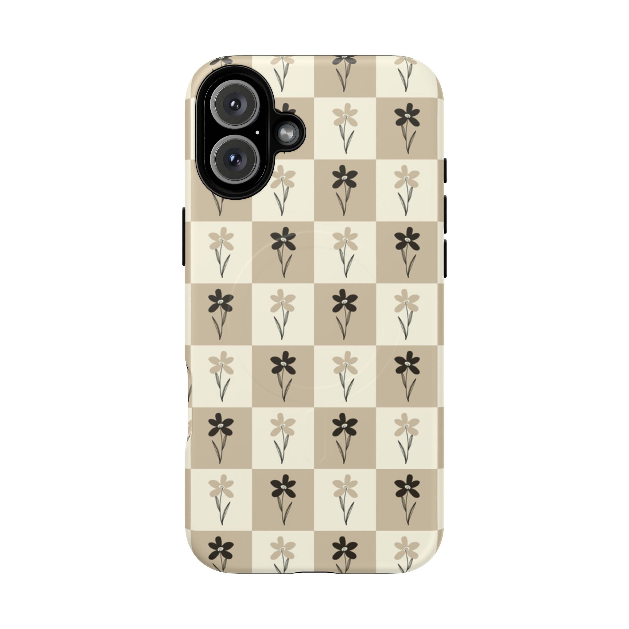 Floral Checkered Tough Magnetic Phone Case — Beige Vintage Flower Grid