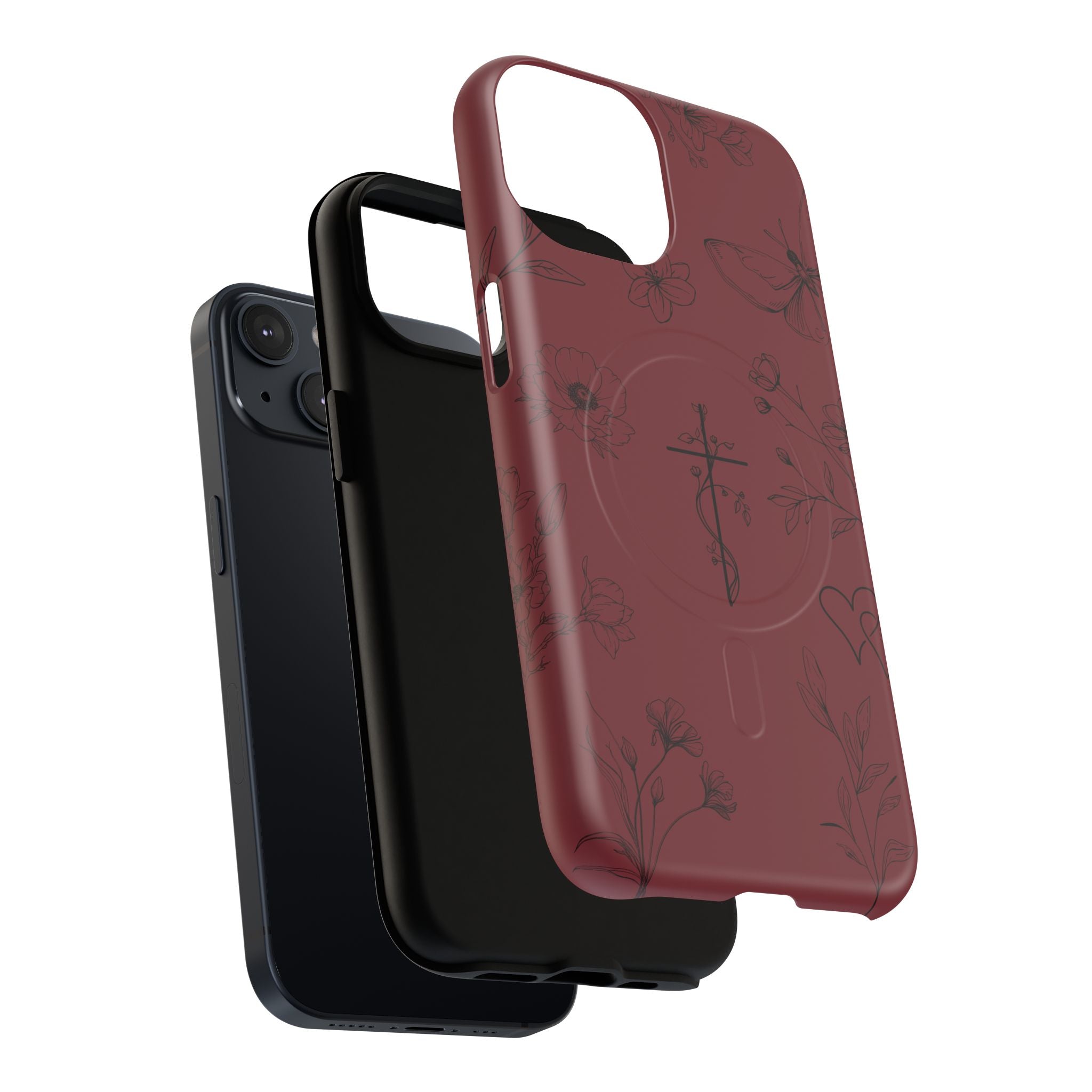 Floral Cross Tough Magnetic Phone Case — Burgundy Protective Cover