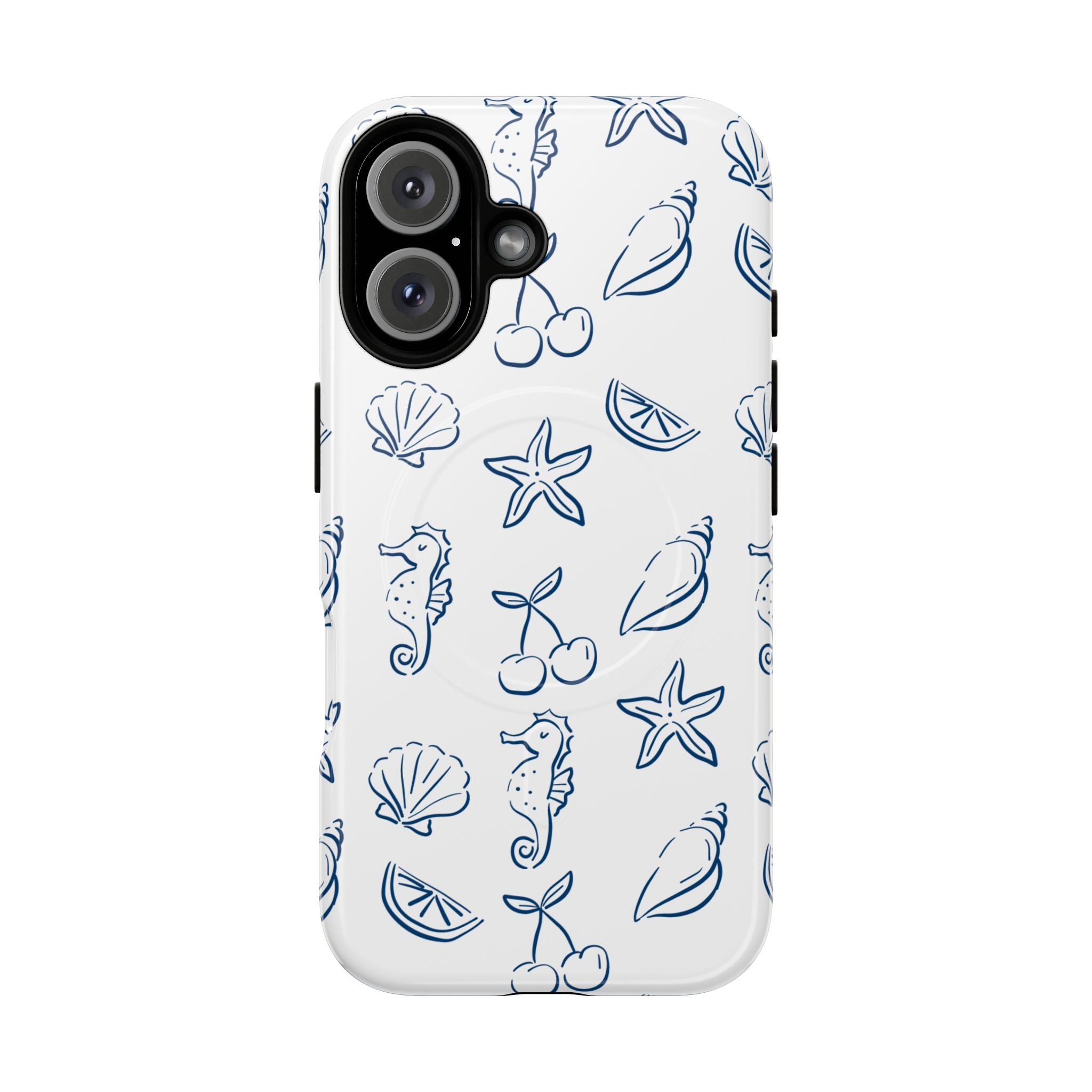 Nautical Sketch Magnetic Phone Case — Seahorse & Seashell Pattern