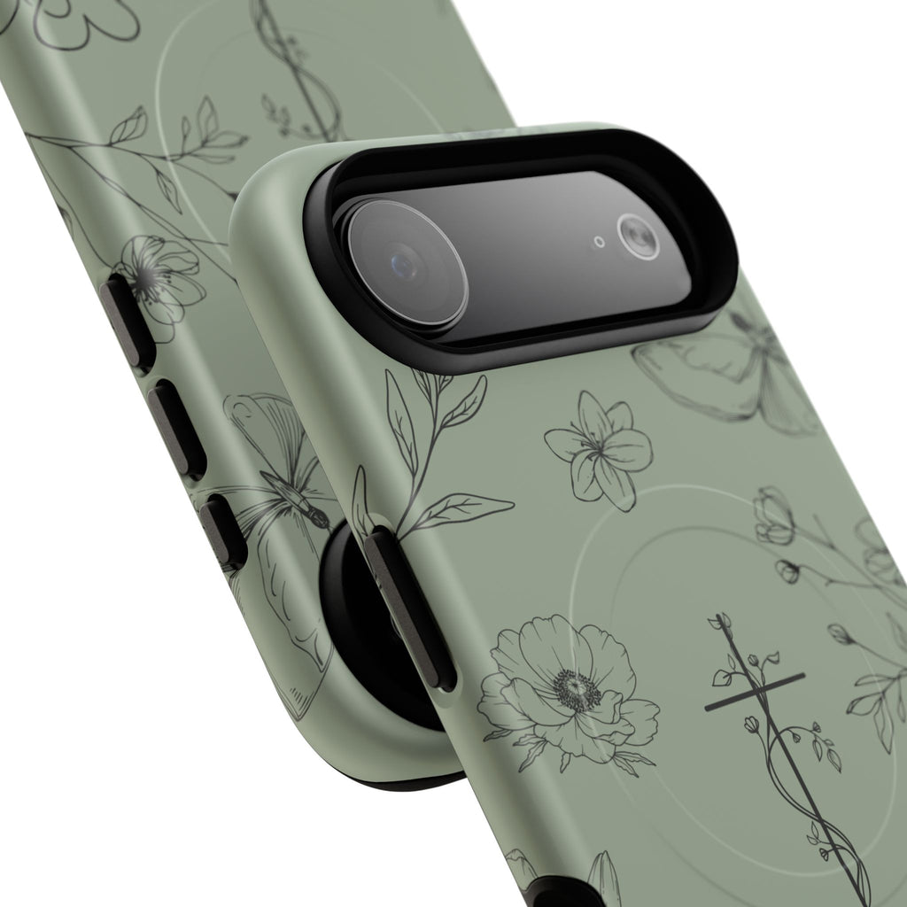 MagSafe phone case - sage green floral cross design