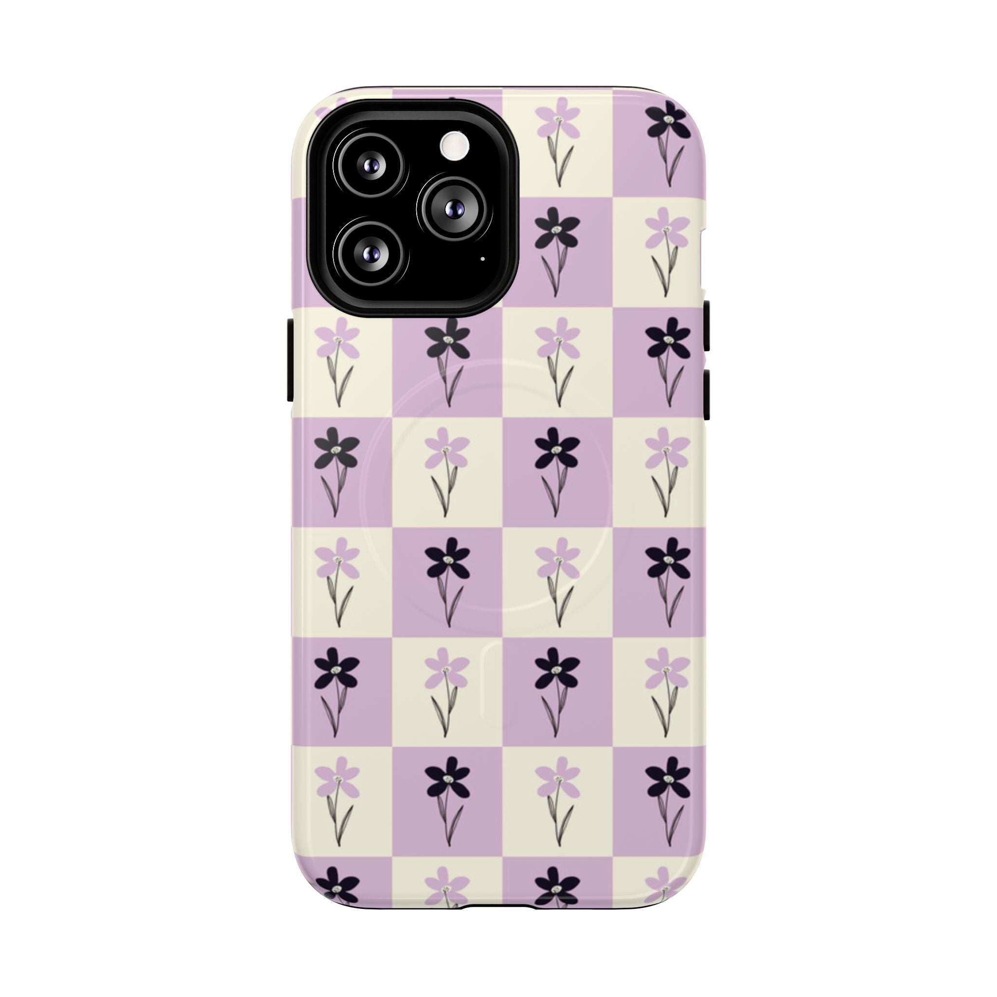 Floral Check Pattern Tough Magnetic Phone Case — Lavender Retro Grid