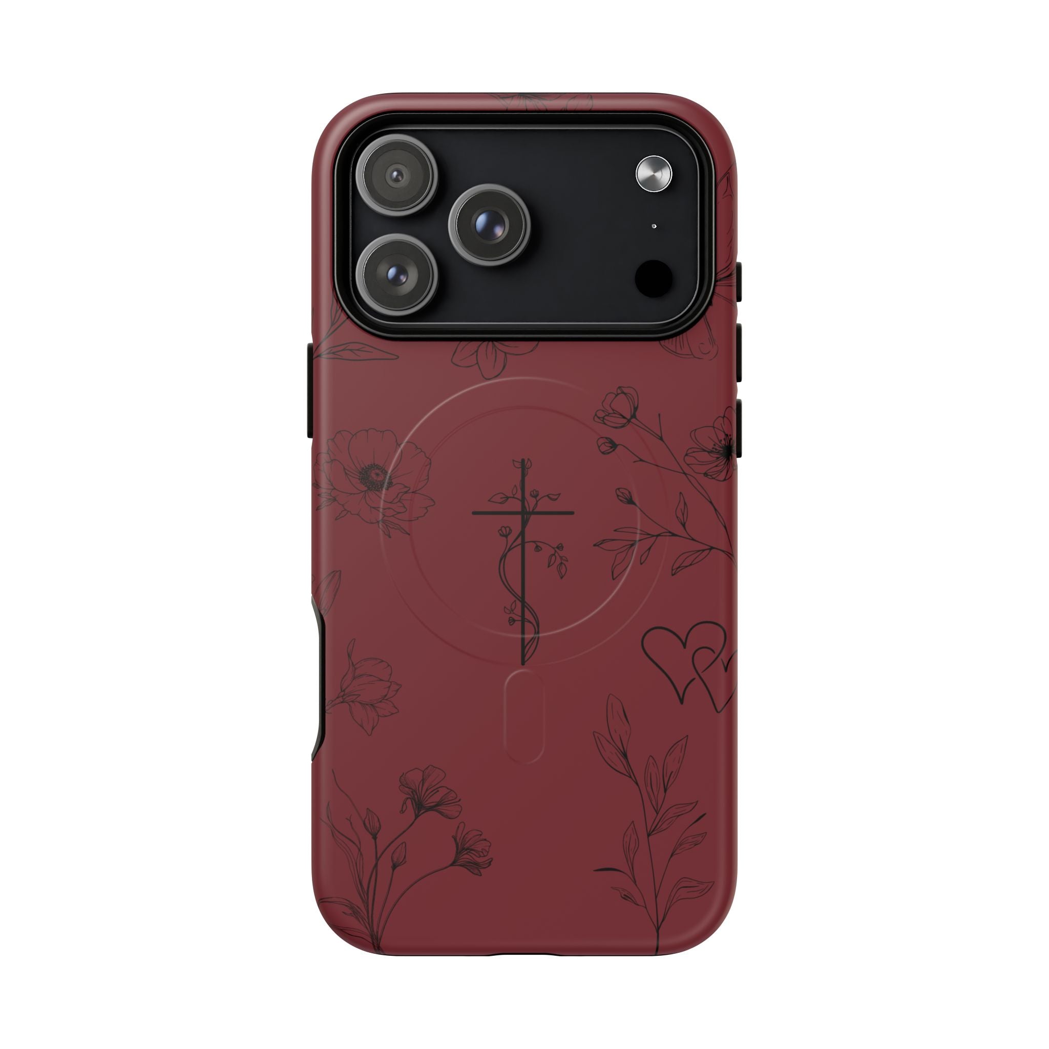 Floral Cross Tough Magnetic Phone Case — Burgundy Protective Cover
