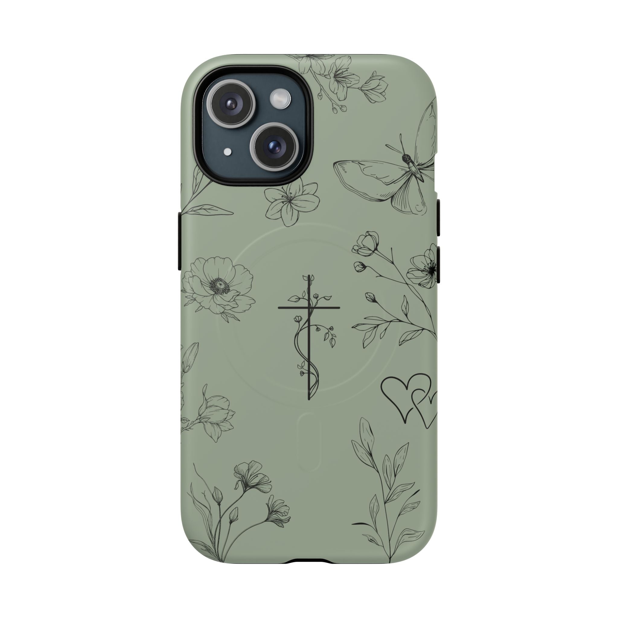 MagSafe phone case - sage green floral cross design
