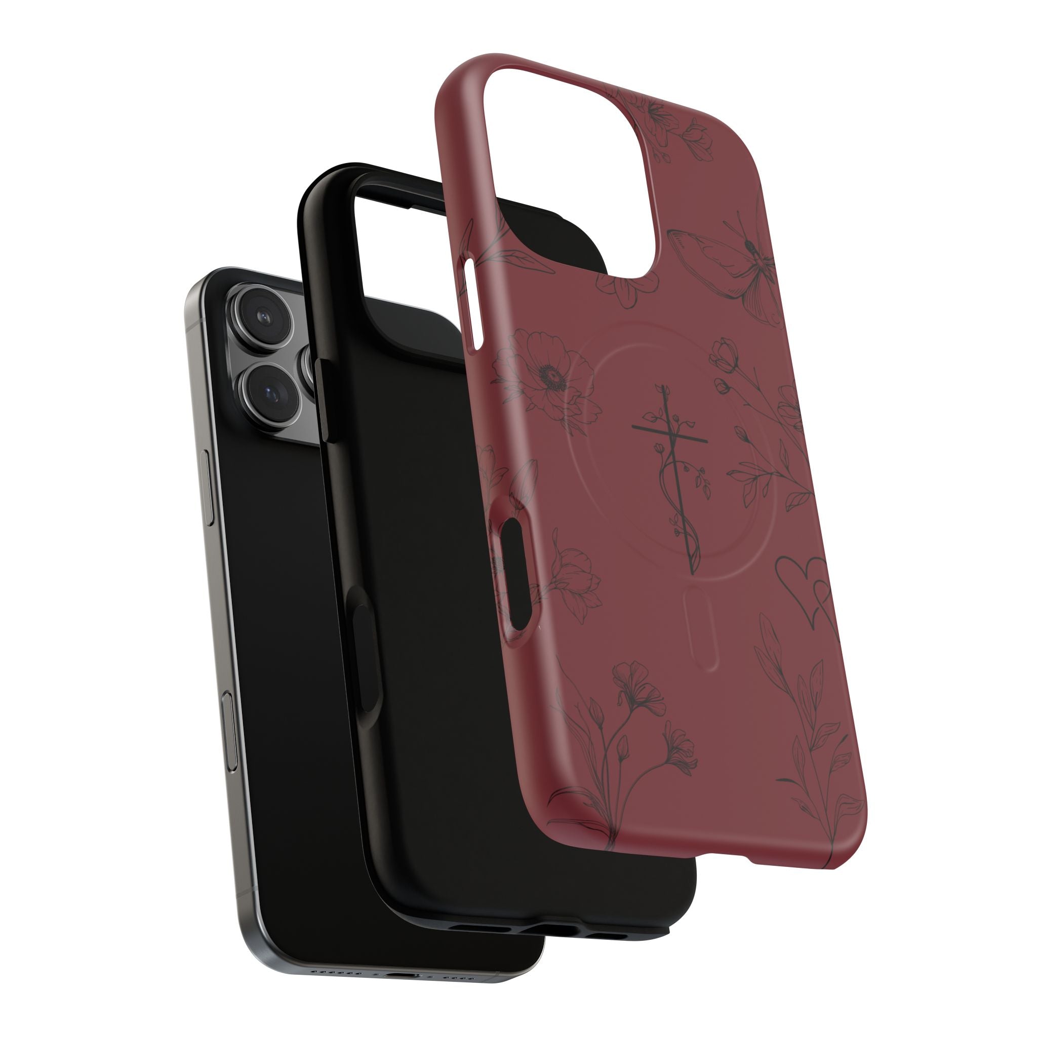 Floral Cross Tough Magnetic Phone Case — Burgundy Protective Cover
