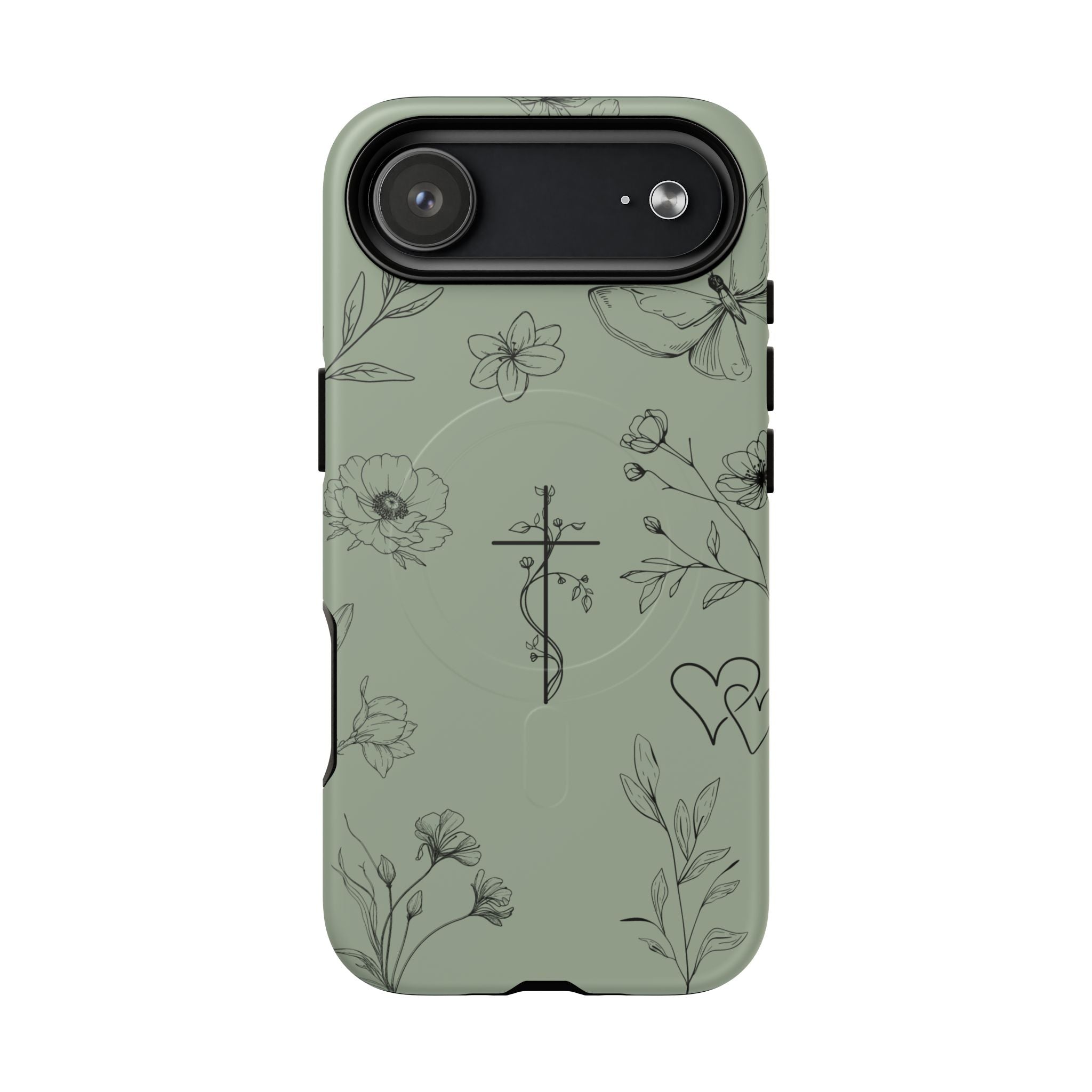 MagSafe phone case - sage green floral cross design