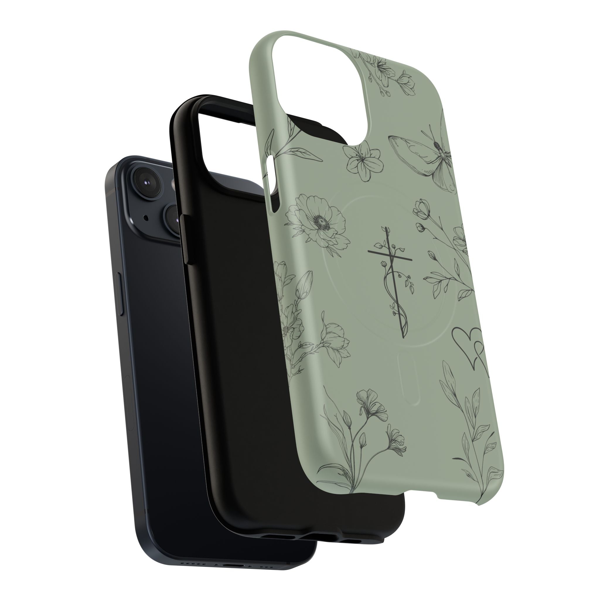 MagSafe phone case - sage green floral cross design