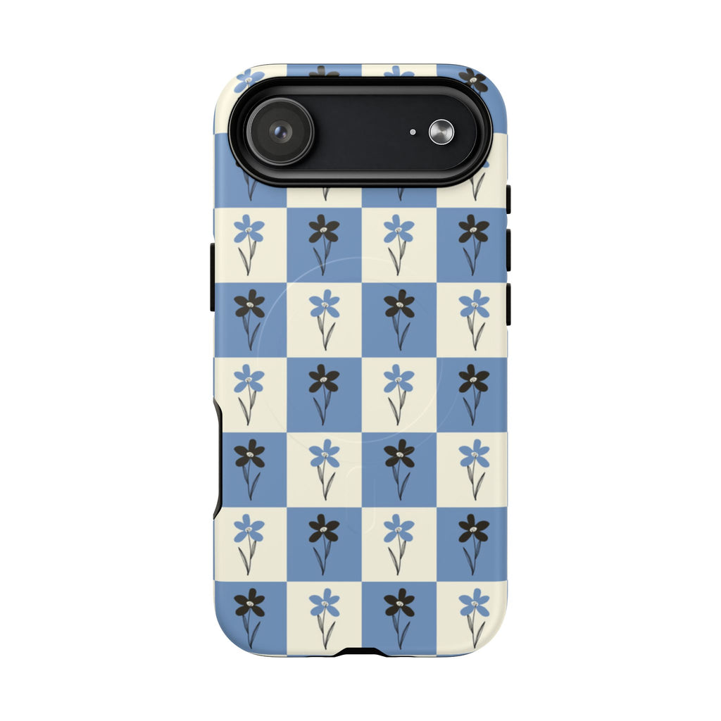 Floral Checkered Phone Case — Blue Vintage Flower Tough Magnetic Case