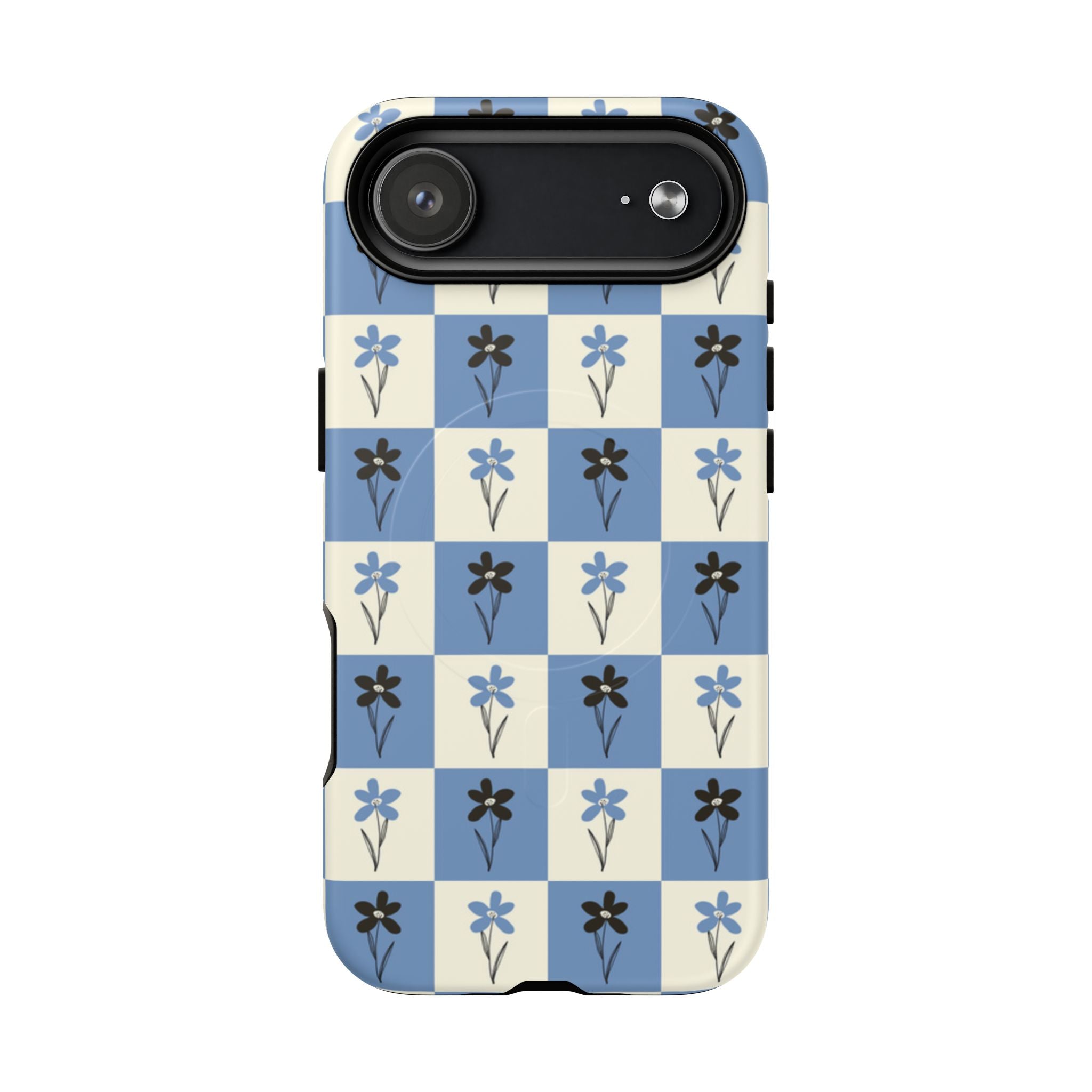 Floral Checkered Phone Case — Blue Vintage Flower Tough Magnetic Case