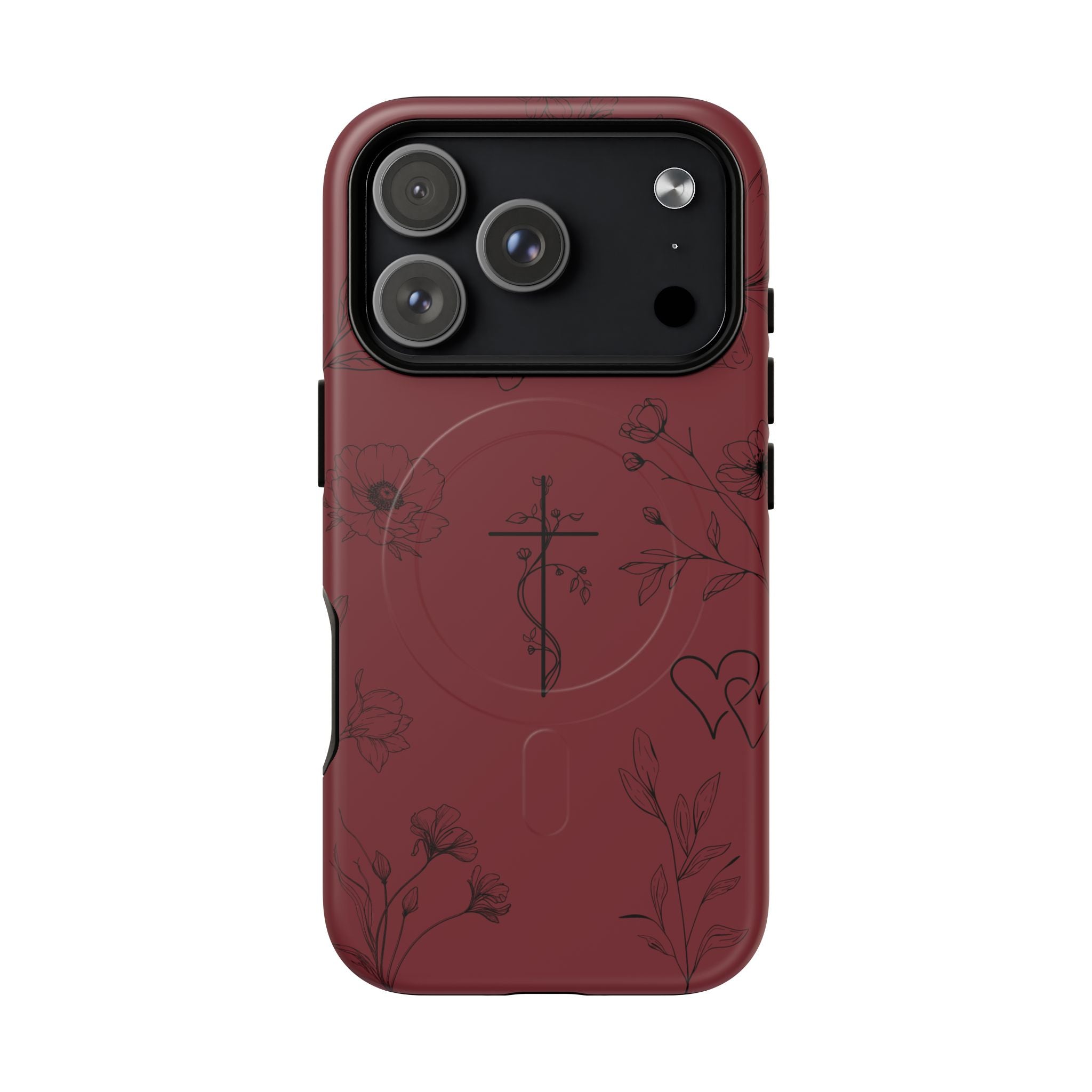 Floral Cross Tough Magnetic Phone Case — Burgundy Protective Cover