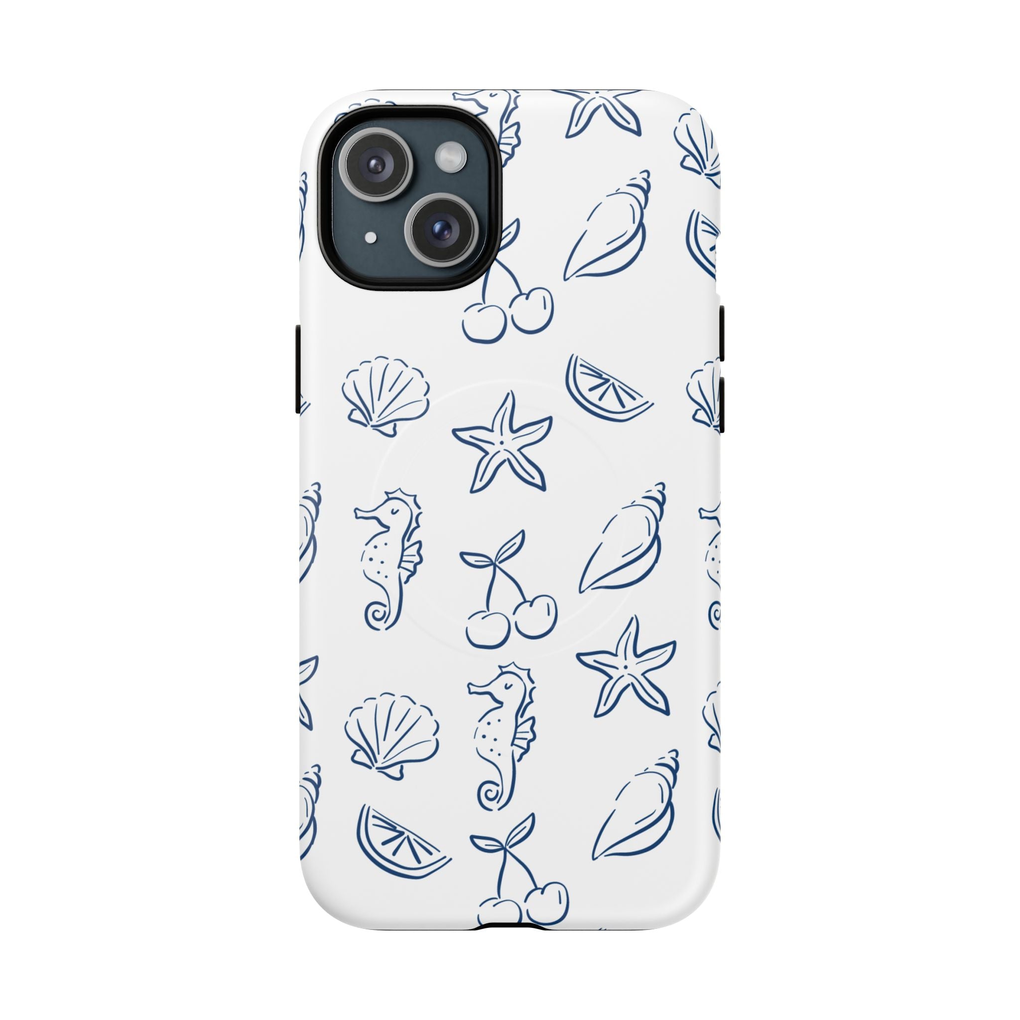 Nautical Sketch Magnetic Phone Case — Seahorse & Seashell Pattern