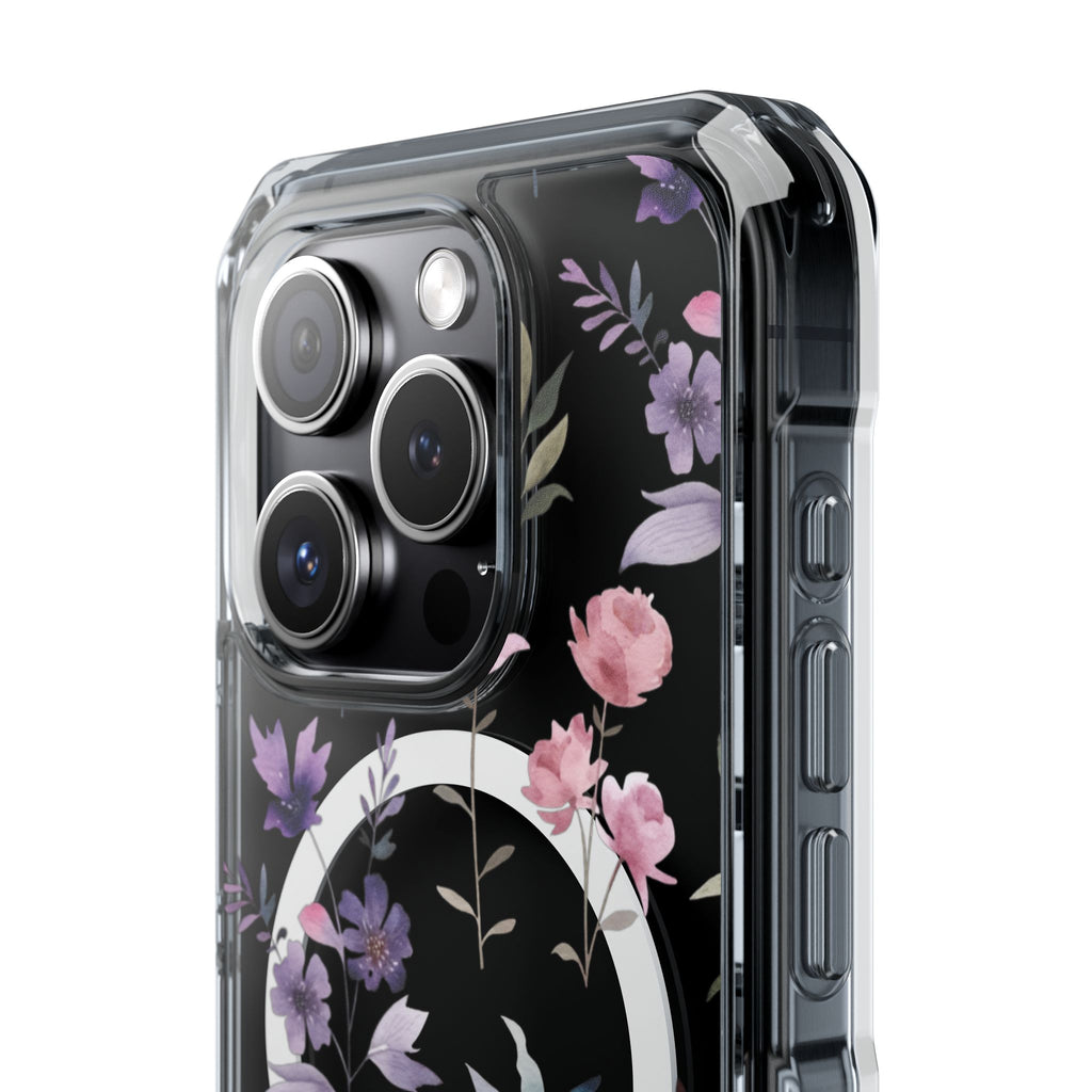 Clear Magnetic Phone Case – Floral Black MagSafe-Compatible Protective Cover