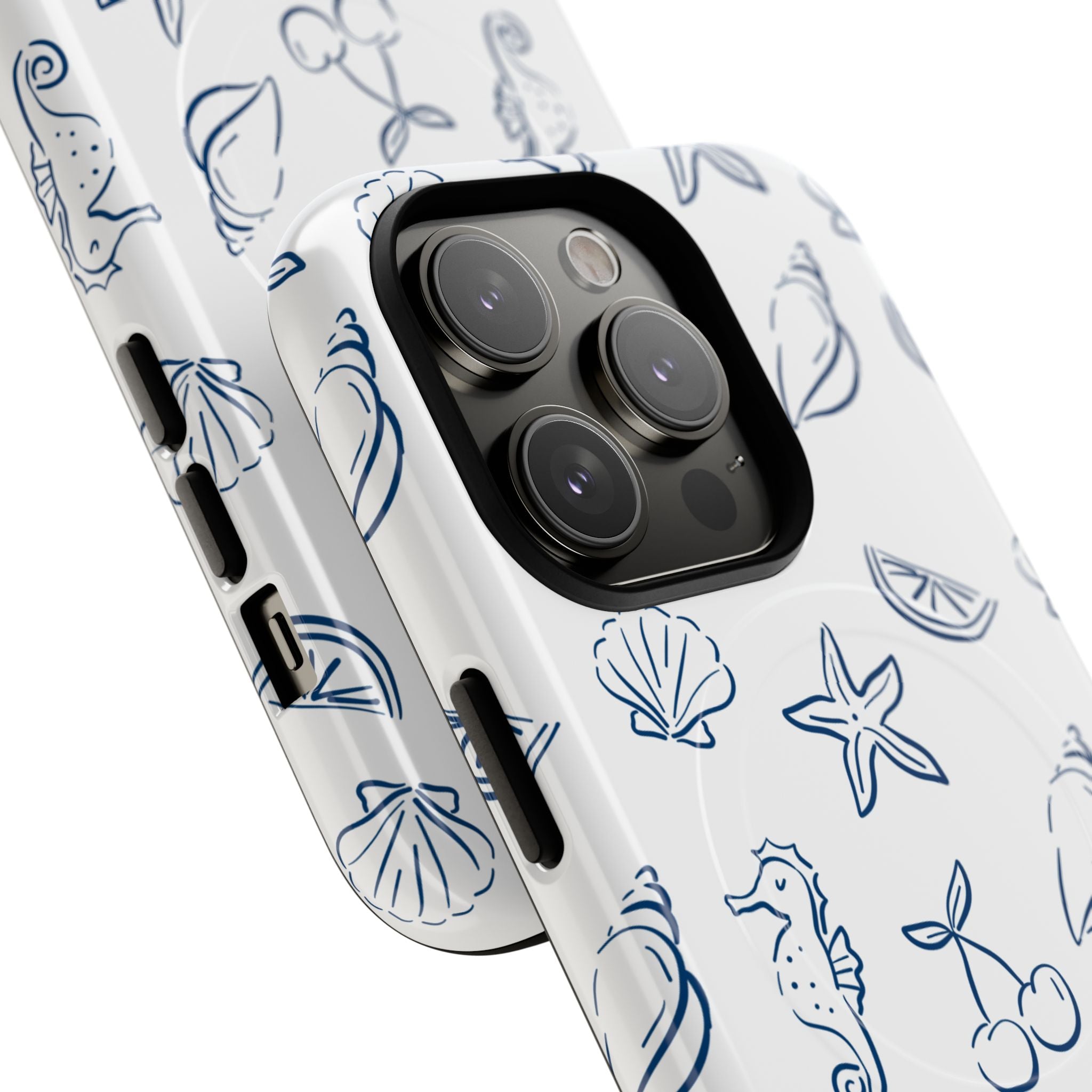 Nautical Sketch Magnetic Phone Case — Seahorse & Seashell Pattern