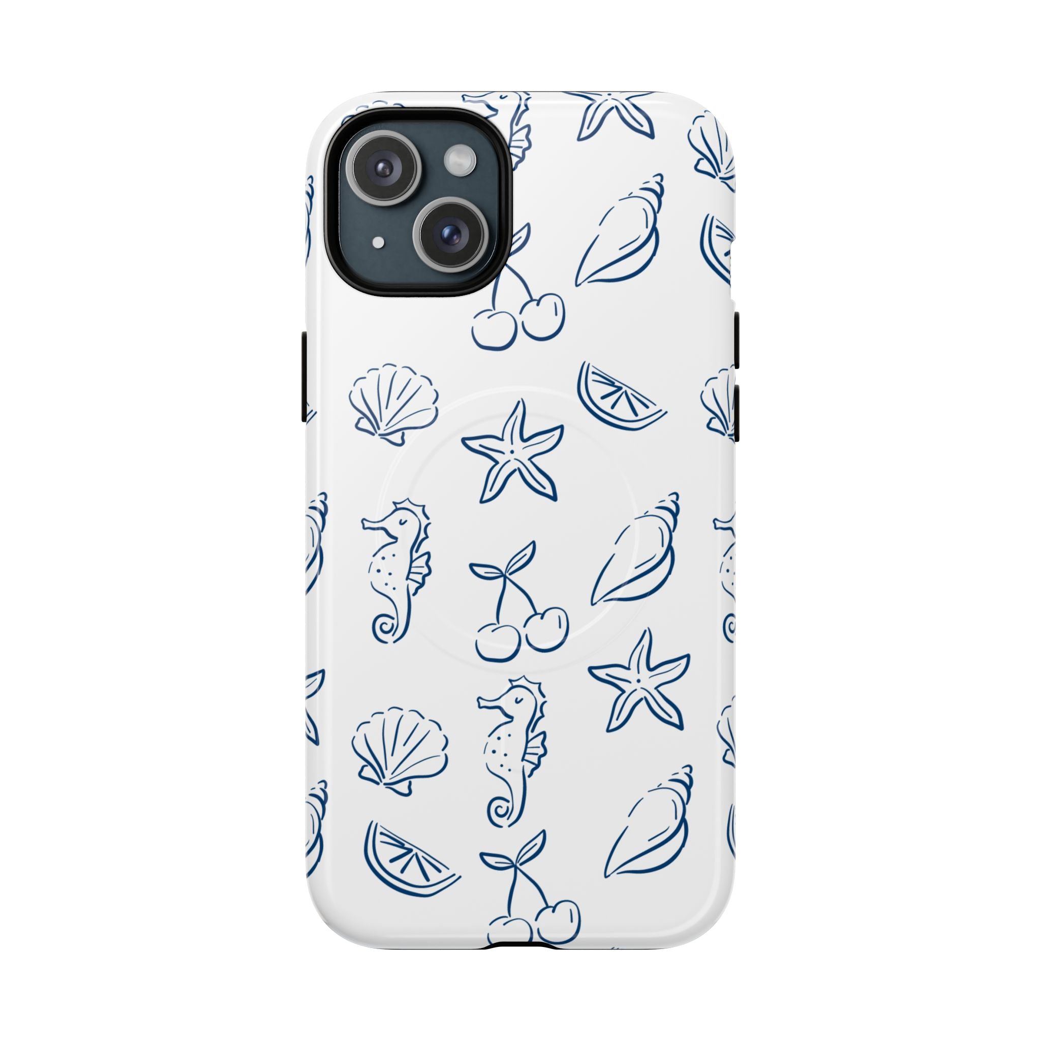 Nautical Sketch Magnetic Phone Case — Seahorse & Seashell Pattern