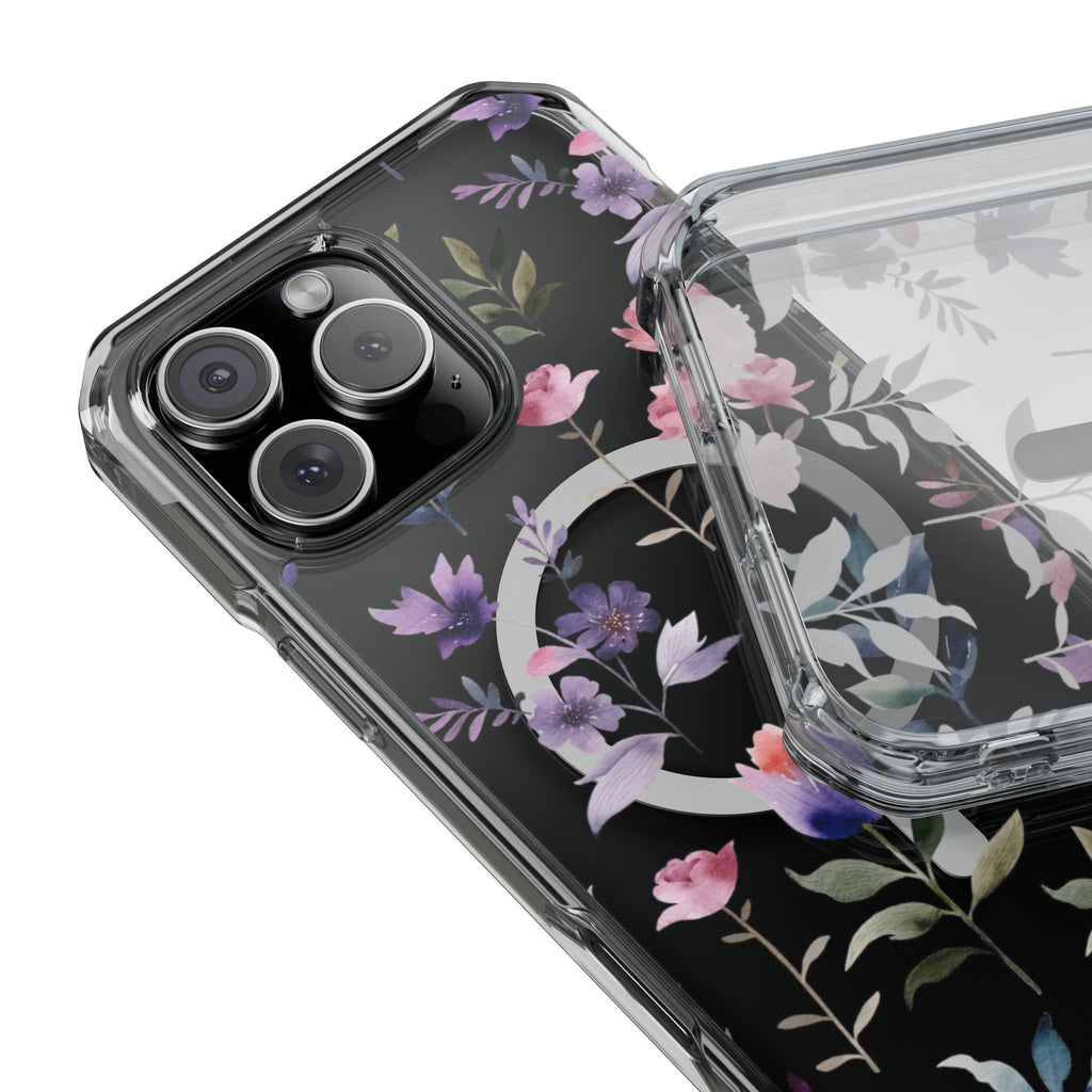 Clear Magnetic Phone Case – Floral Black MagSafe-Compatible Protective Cover