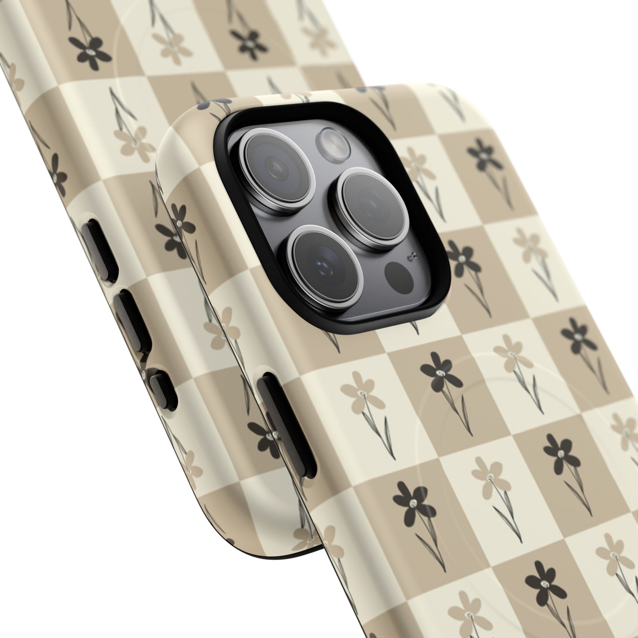 Floral Checkered Tough Magnetic Phone Case — Beige Vintage Flower Grid