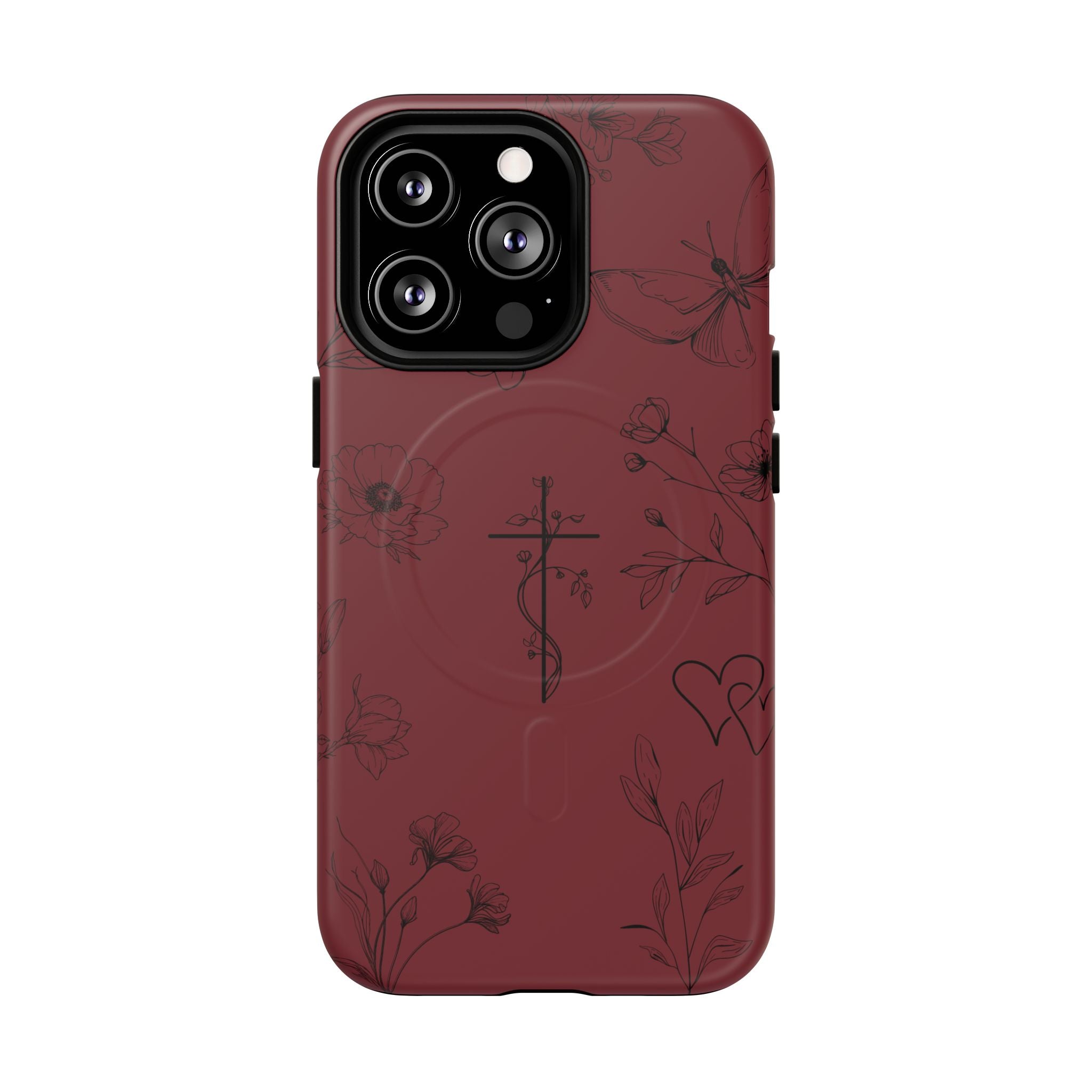 Floral Cross Tough Magnetic Phone Case — Burgundy Protective Cover