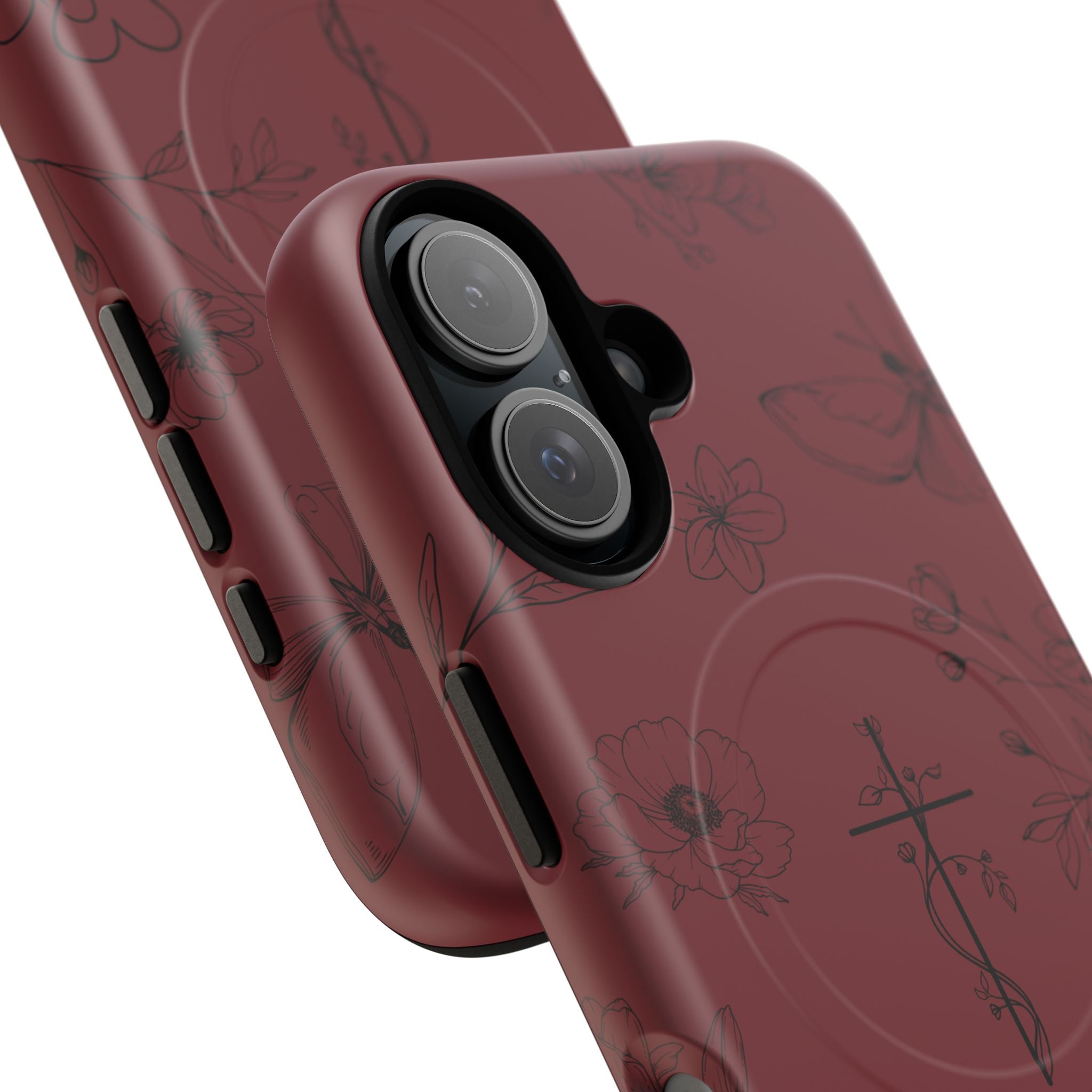 Floral Cross Tough Magnetic Phone Case — Burgundy Protective Cover