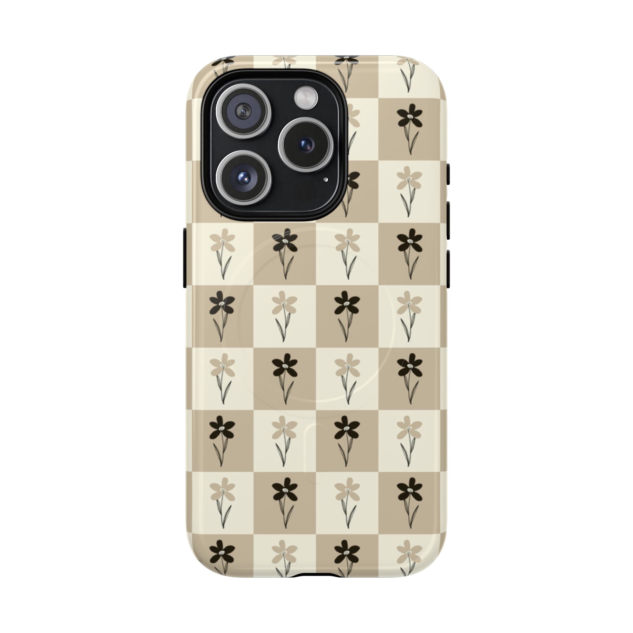 Floral Checkered Tough Magnetic Phone Case — Beige Vintage Flower Grid