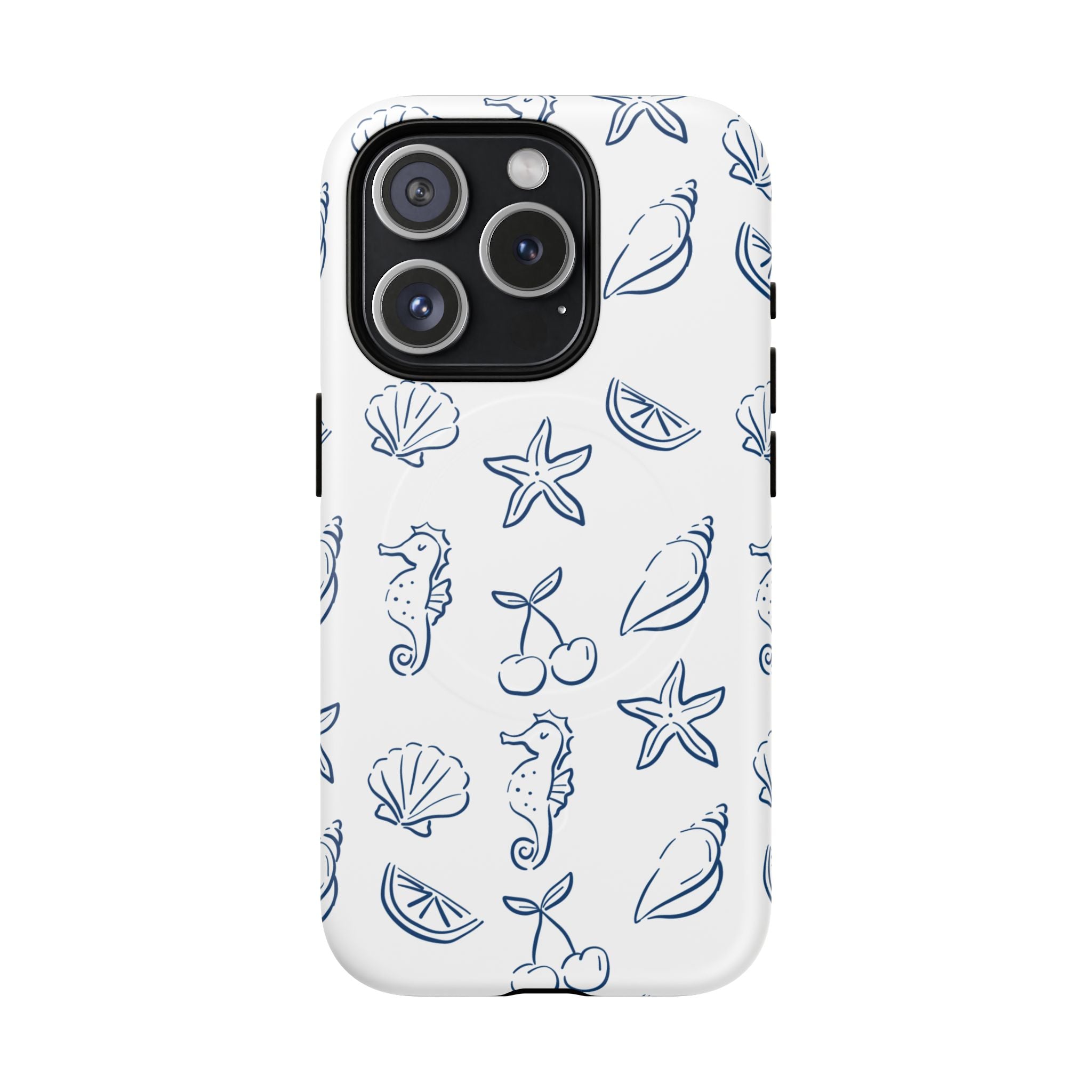 Nautical Sketch Magnetic Phone Case — Seahorse & Seashell Pattern