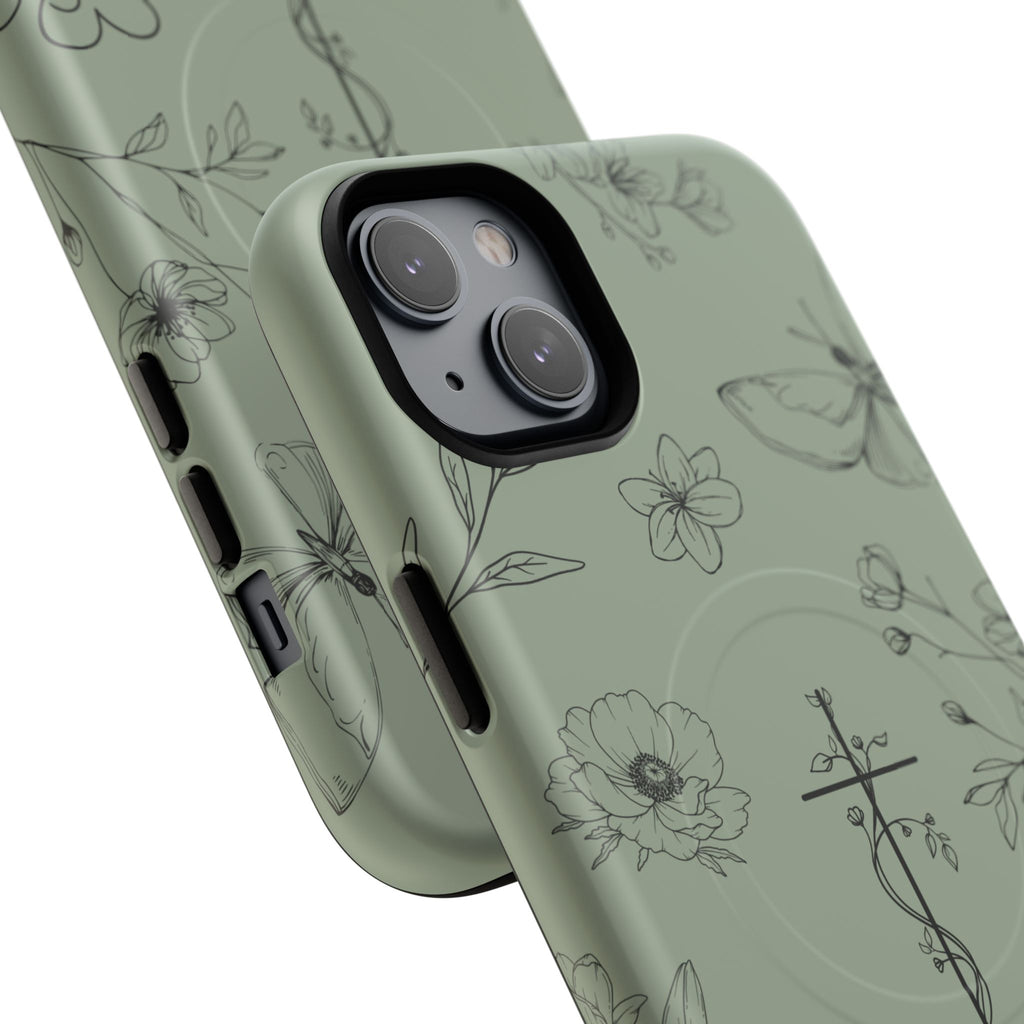 MagSafe phone case - sage green floral cross design