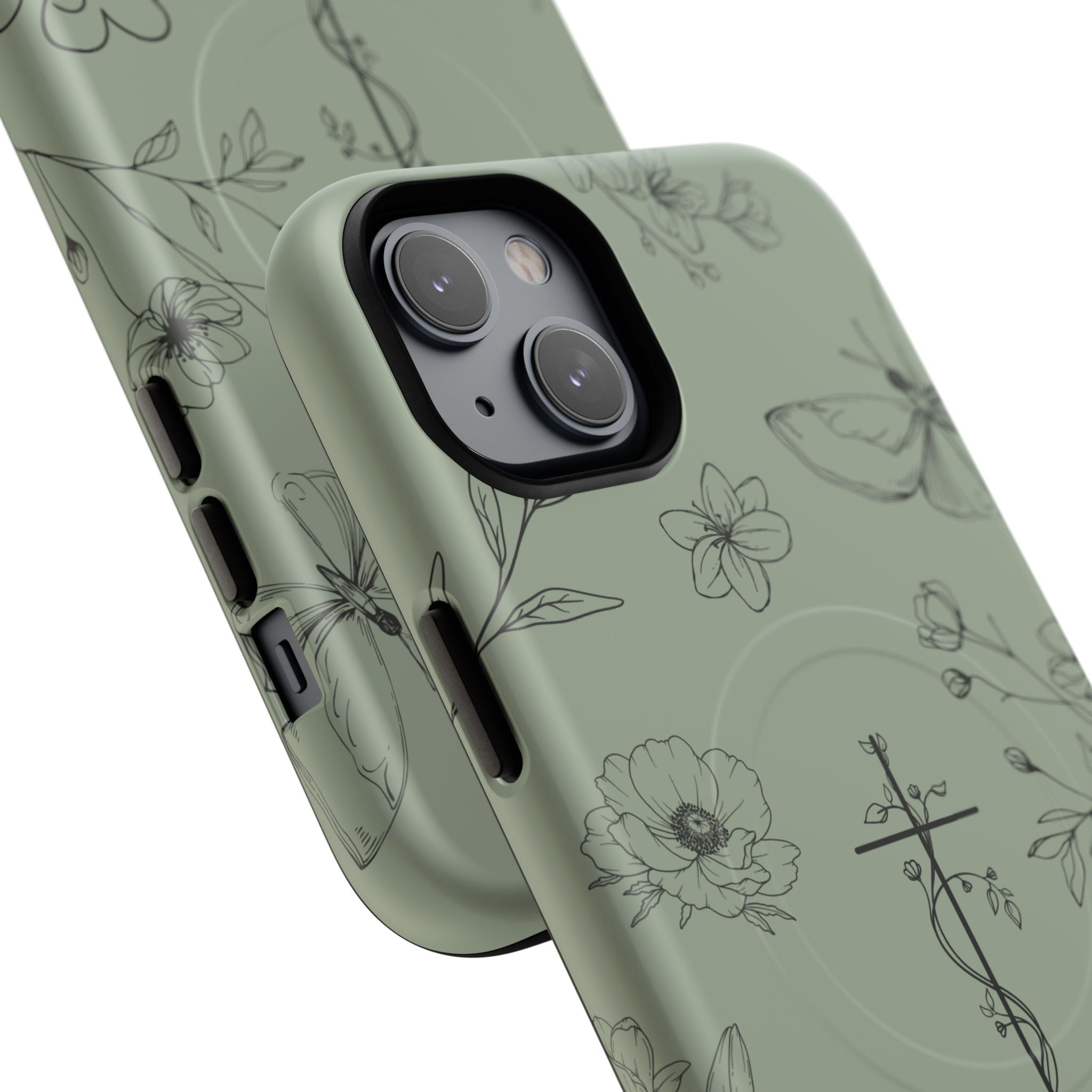 MagSafe phone case - sage green floral cross design
