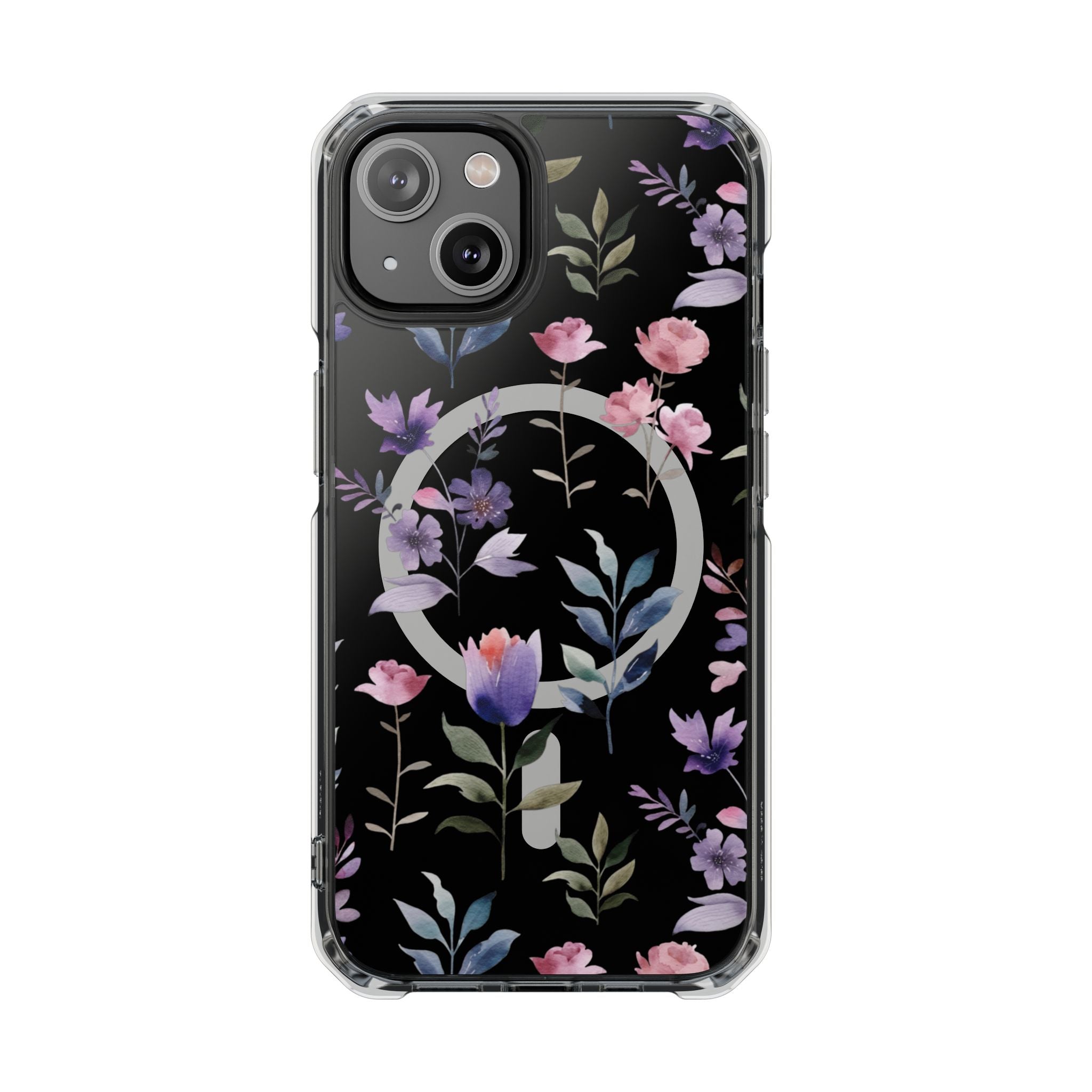 Clear Magnetic Phone Case – Floral Black MagSafe-Compatible Protective Cover
