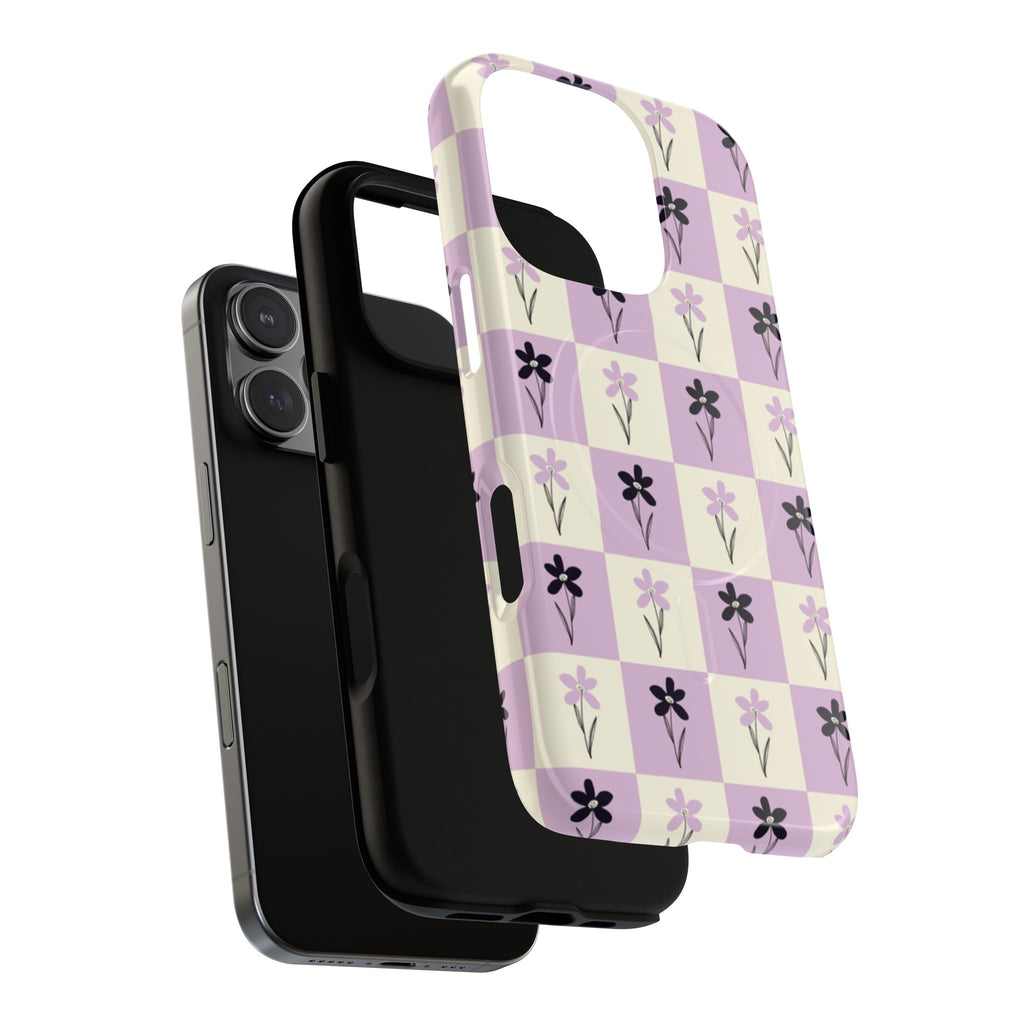 Floral Check Pattern Tough Magnetic Phone Case — Lavender Retro Grid