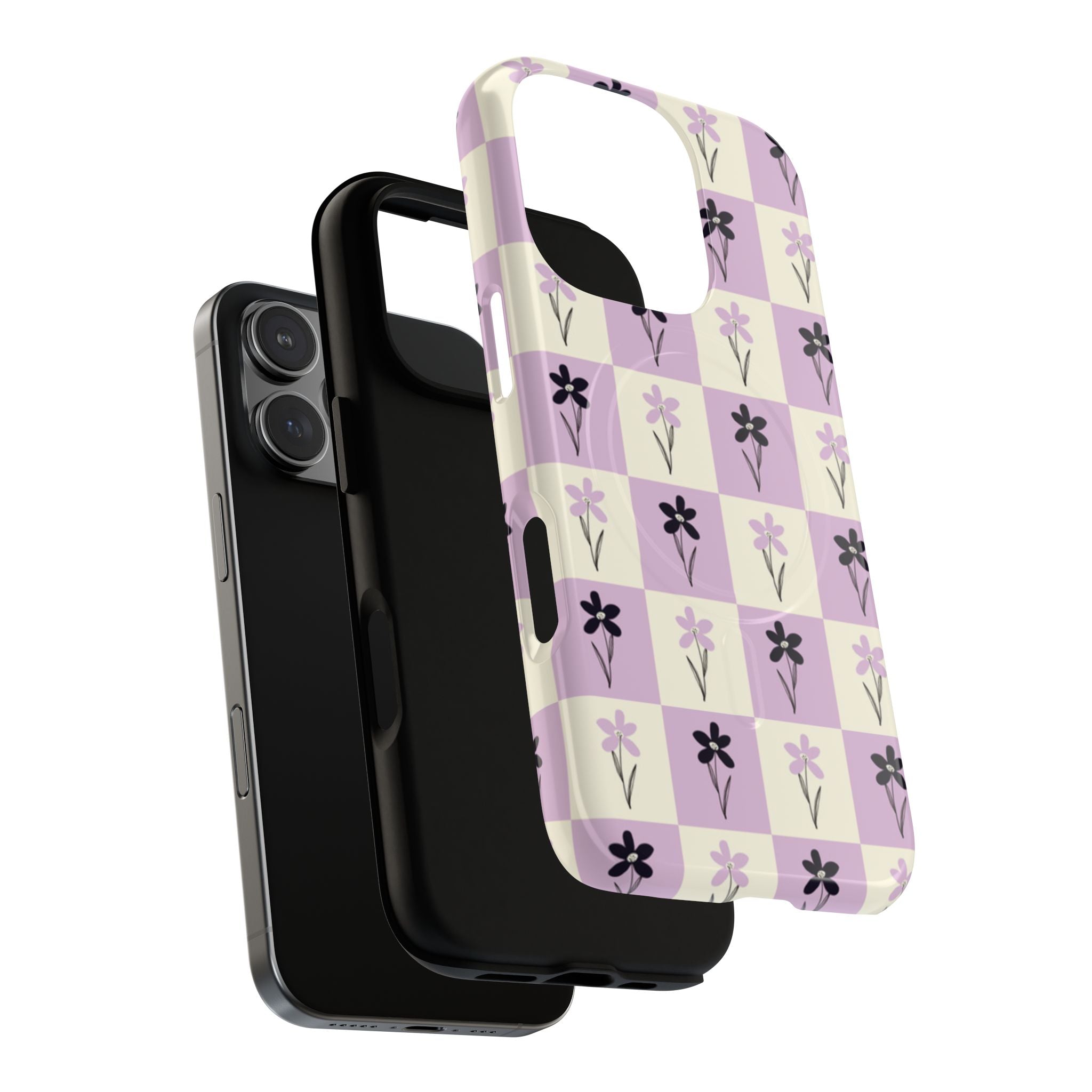 Floral Check Pattern Tough Magnetic Phone Case — Lavender Retro Grid