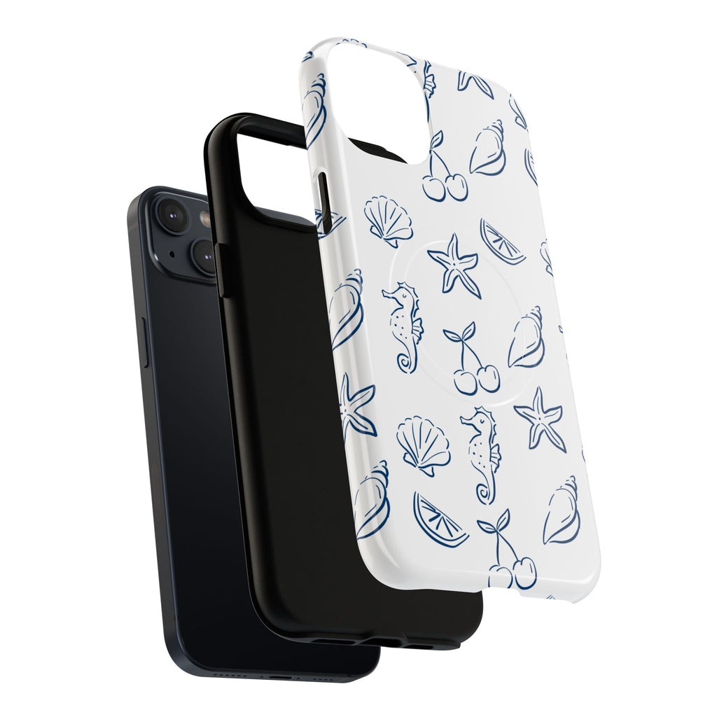 Nautical Sketch Magnetic Phone Case — Seahorse & Seashell Pattern