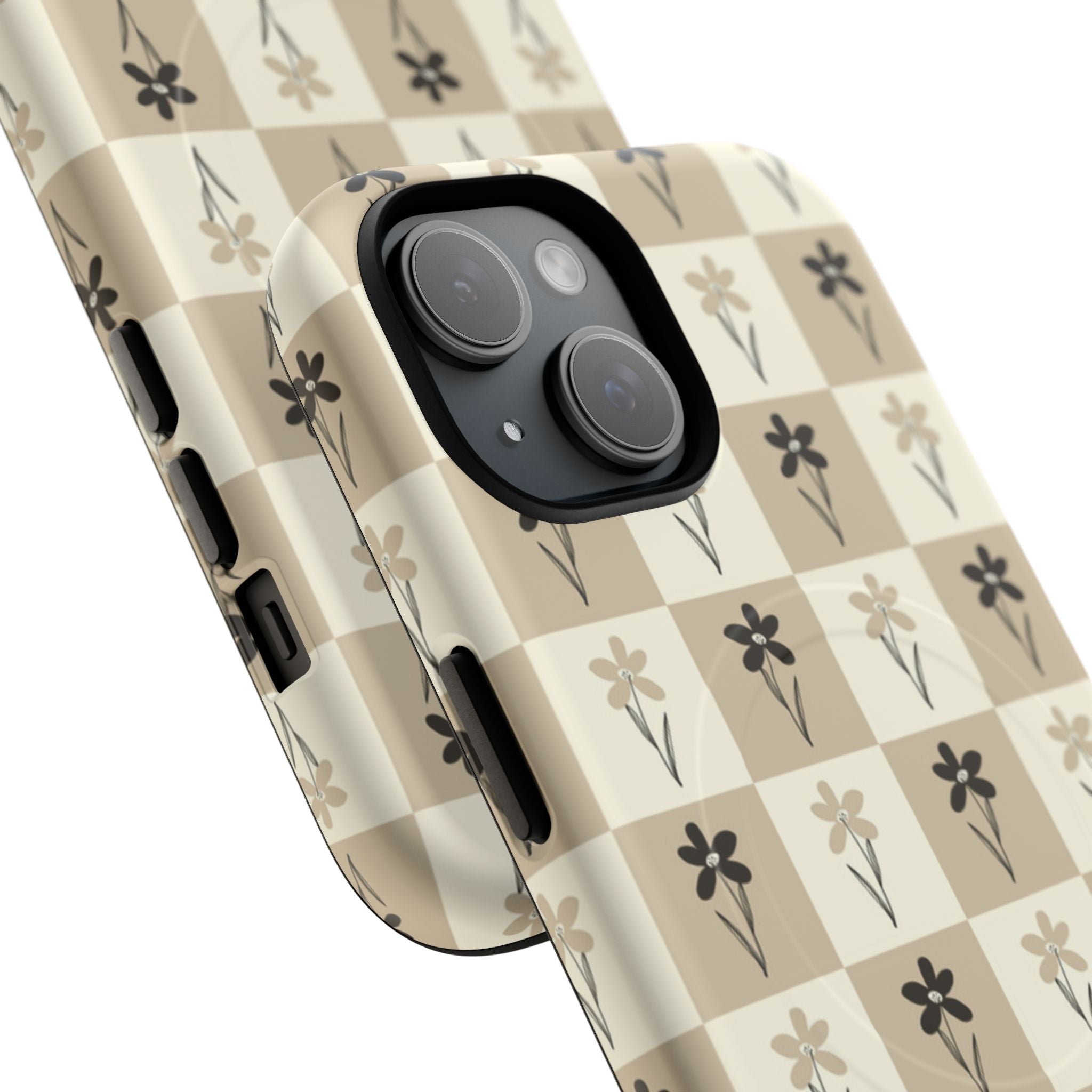 Floral Checkered Tough Magnetic Phone Case — Beige Vintage Flower Grid