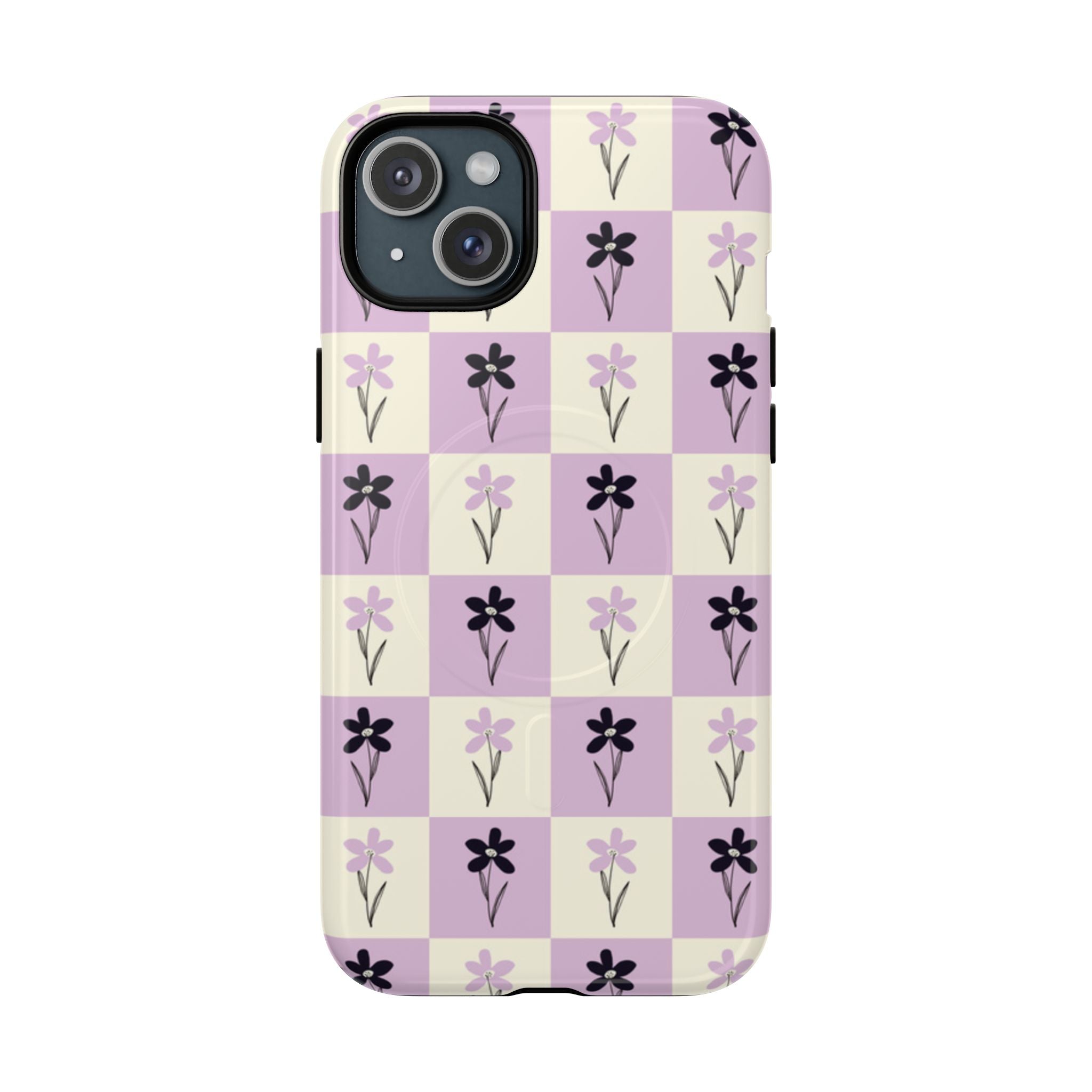 Floral Check Pattern Tough Magnetic Phone Case — Lavender Retro Grid