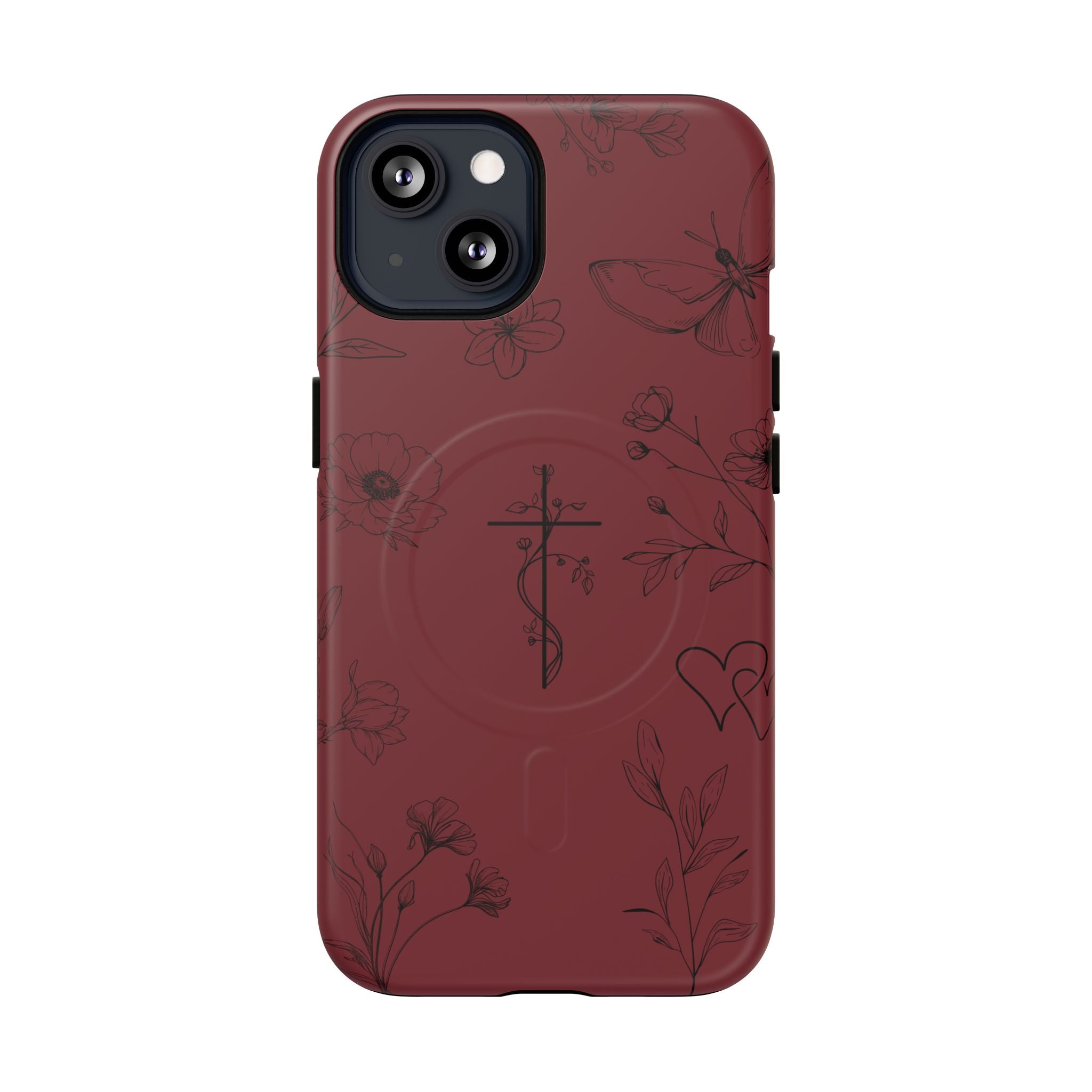 Floral Cross Tough Magnetic Phone Case — Burgundy Protective Cover