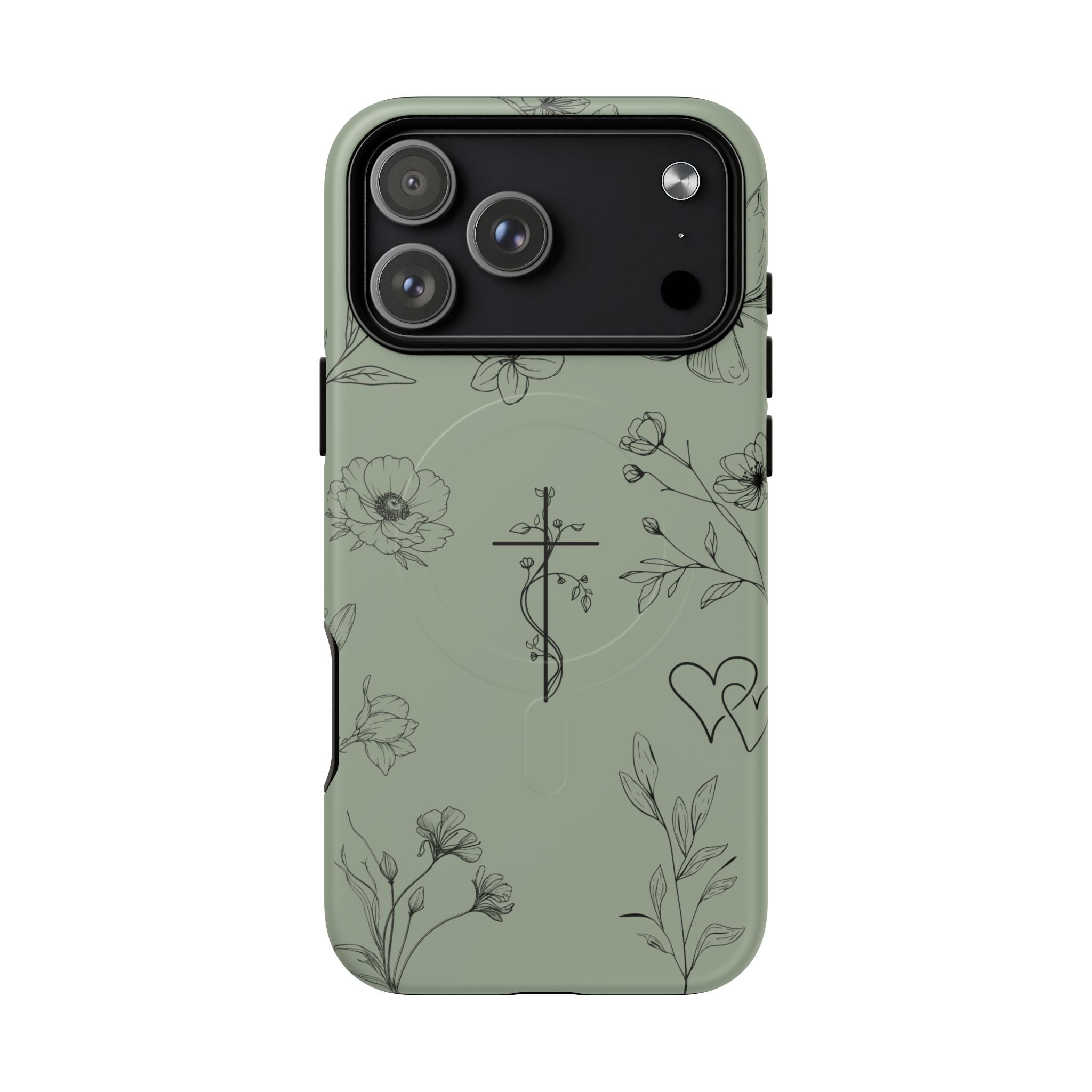 MagSafe phone case - sage green floral cross design