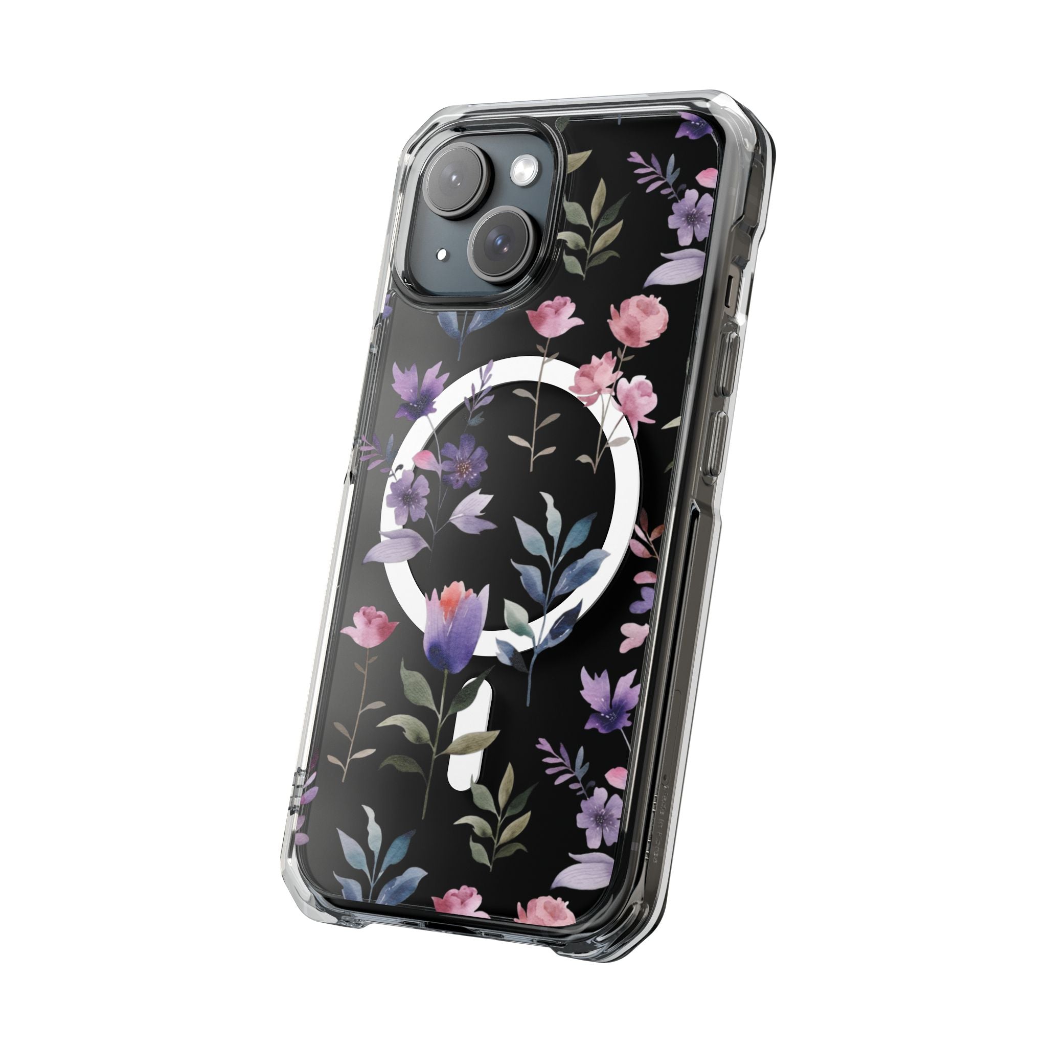Clear Magnetic Phone Case – Floral Black MagSafe-Compatible Protective Cover