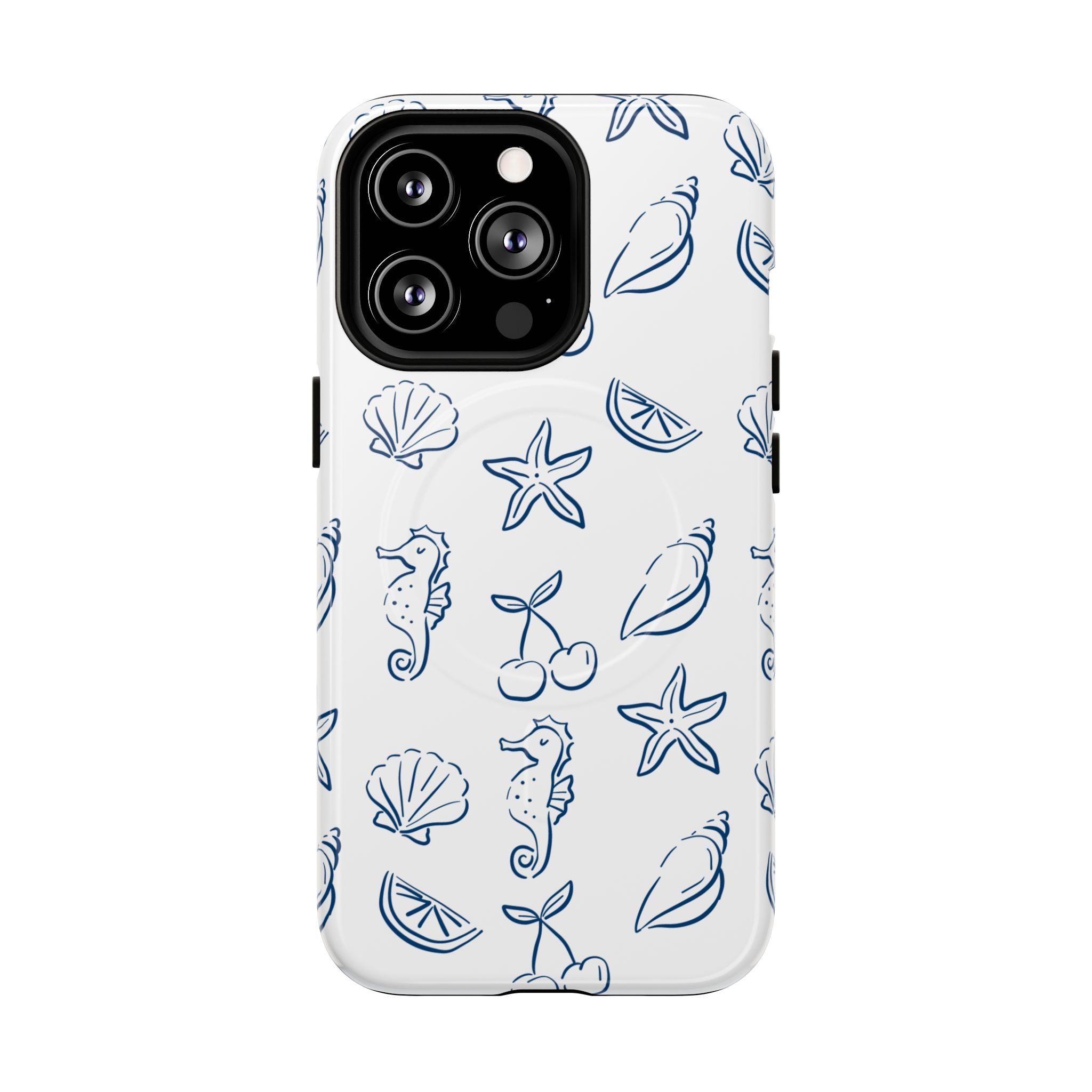 Nautical Sketch Magnetic Phone Case — Seahorse & Seashell Pattern