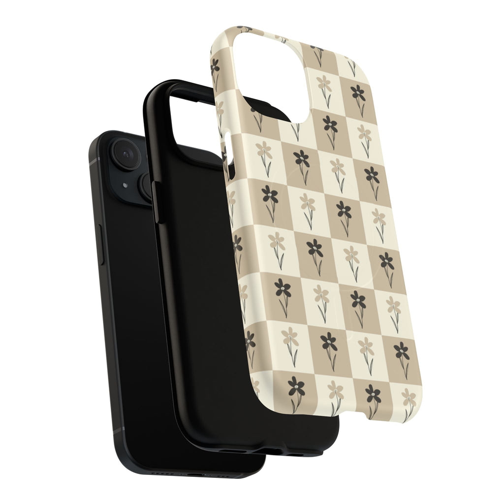 Floral Checkered Tough Magnetic Phone Case — Beige Vintage Flower Grid