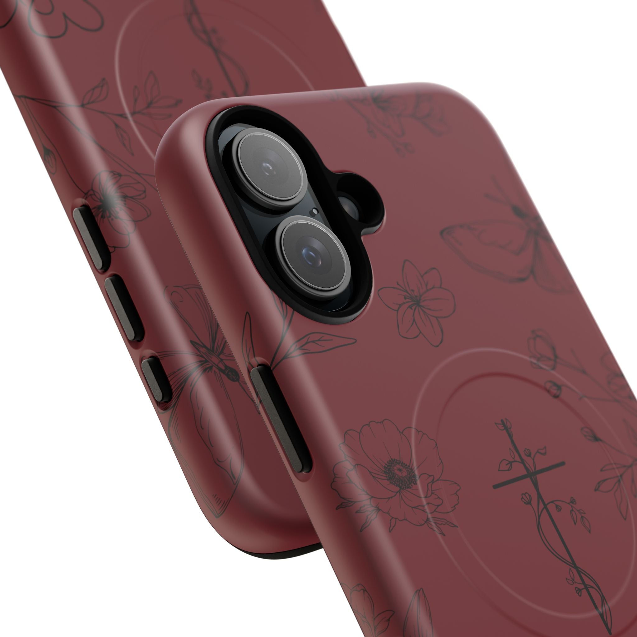 Floral Cross Tough Magnetic Phone Case — Burgundy Protective Cover
