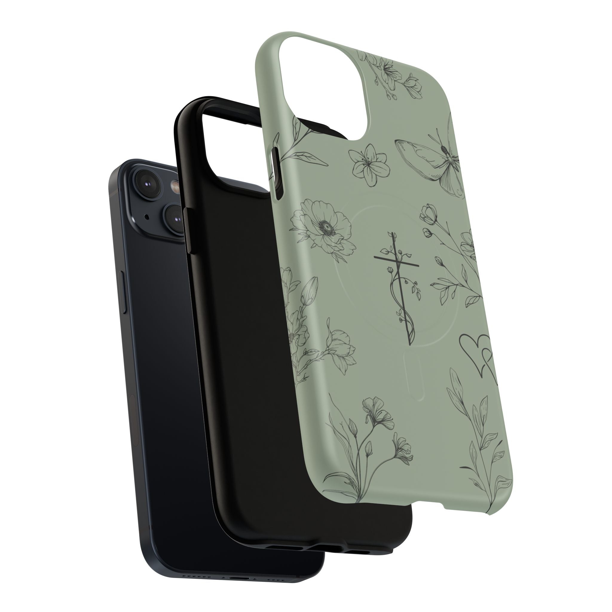 MagSafe phone case - sage green floral cross design